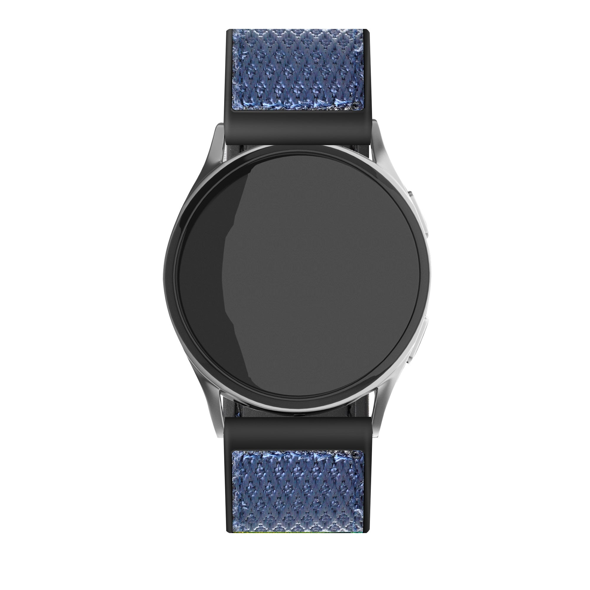 Eine silberne Smartwatch mit schwarzem Bildschirm und blau gemusterten Armbändern vor weißem Hintergrund.