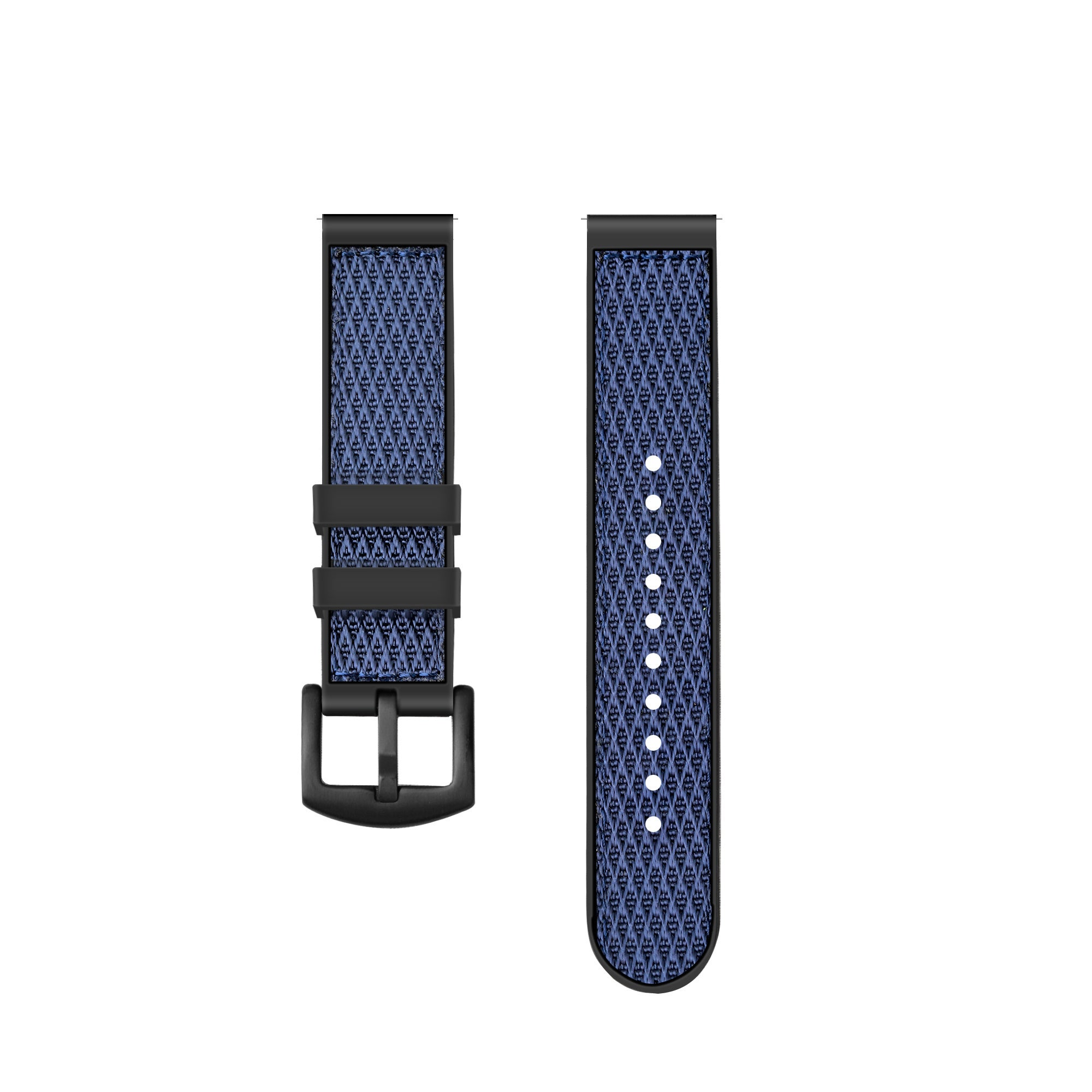 Uhrarmband, zweiteilig, blau gemusterter Stoff mit schwarzer Hardware, Schnalle und Lochung.