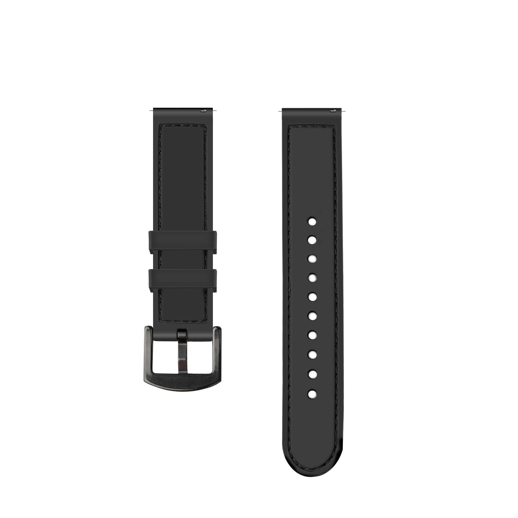 Zwei schwarze Uhrenarmbänder, eines mit Schnalle und das andere mit Löchern, vor weißem Hintergrund.