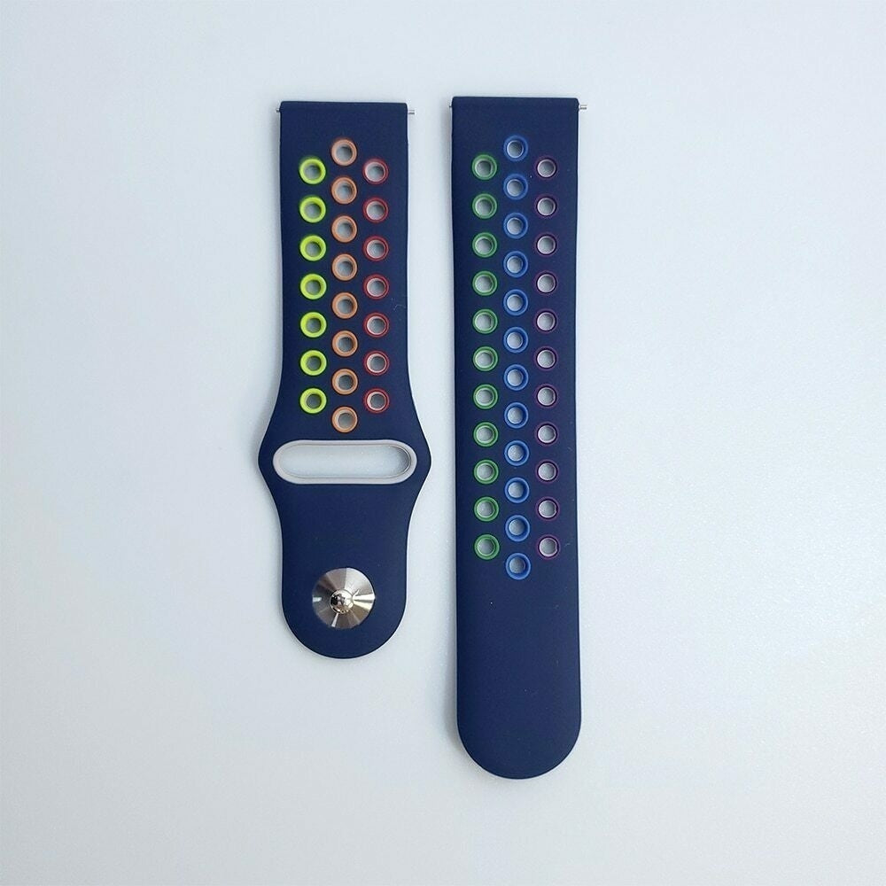 Zwei marineblaue Uhrenarmbänder mit farbenfrohen Perforationen. Eines hat eine Schnalle, das andere eine Reihe von Löchern. Beide liegen auf einer weißen Oberfläche.