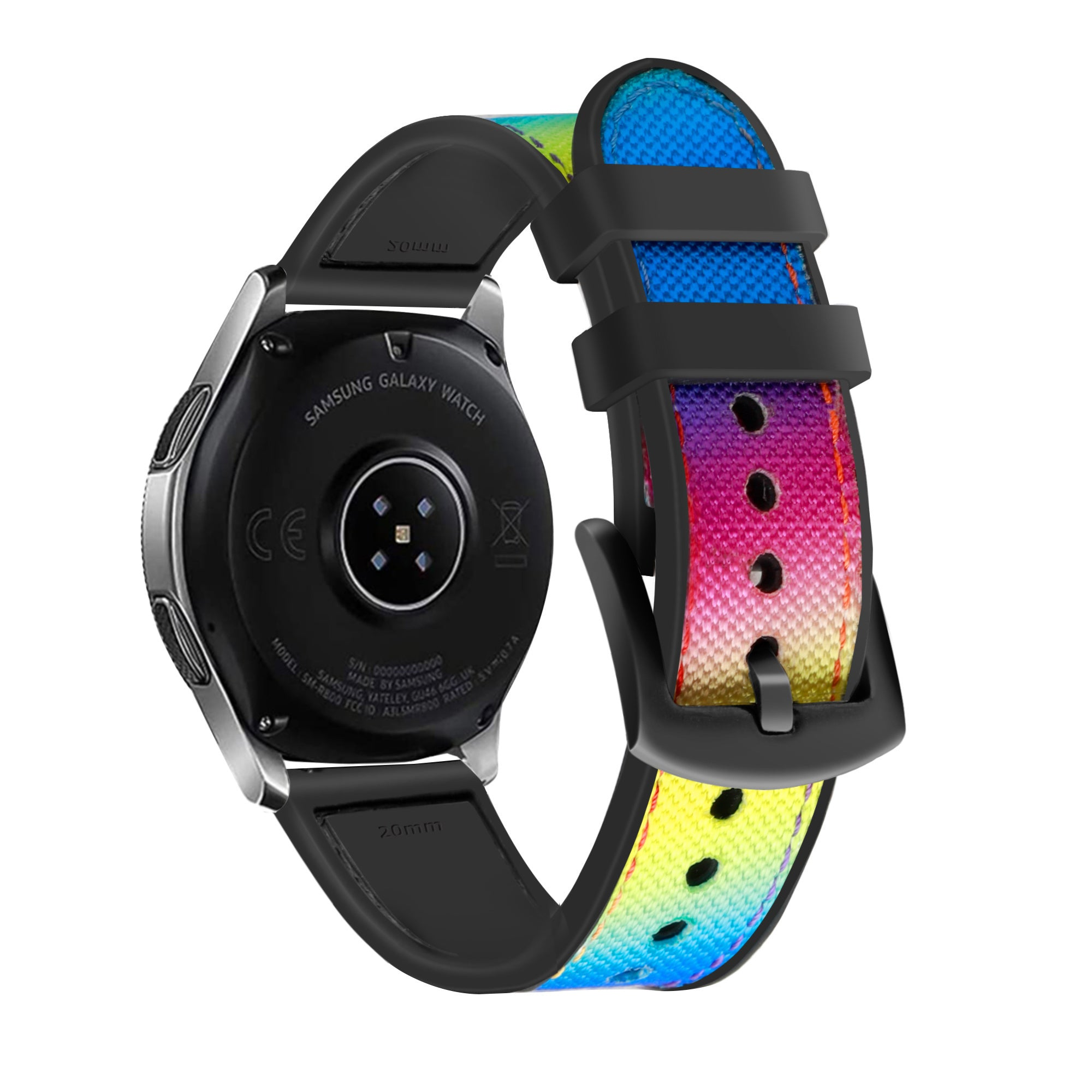 Samsung Galaxy Watch mit buntem Armband. Das Armband hat ein Regenbogenmuster. Die Uhr ist schwarz und silber.