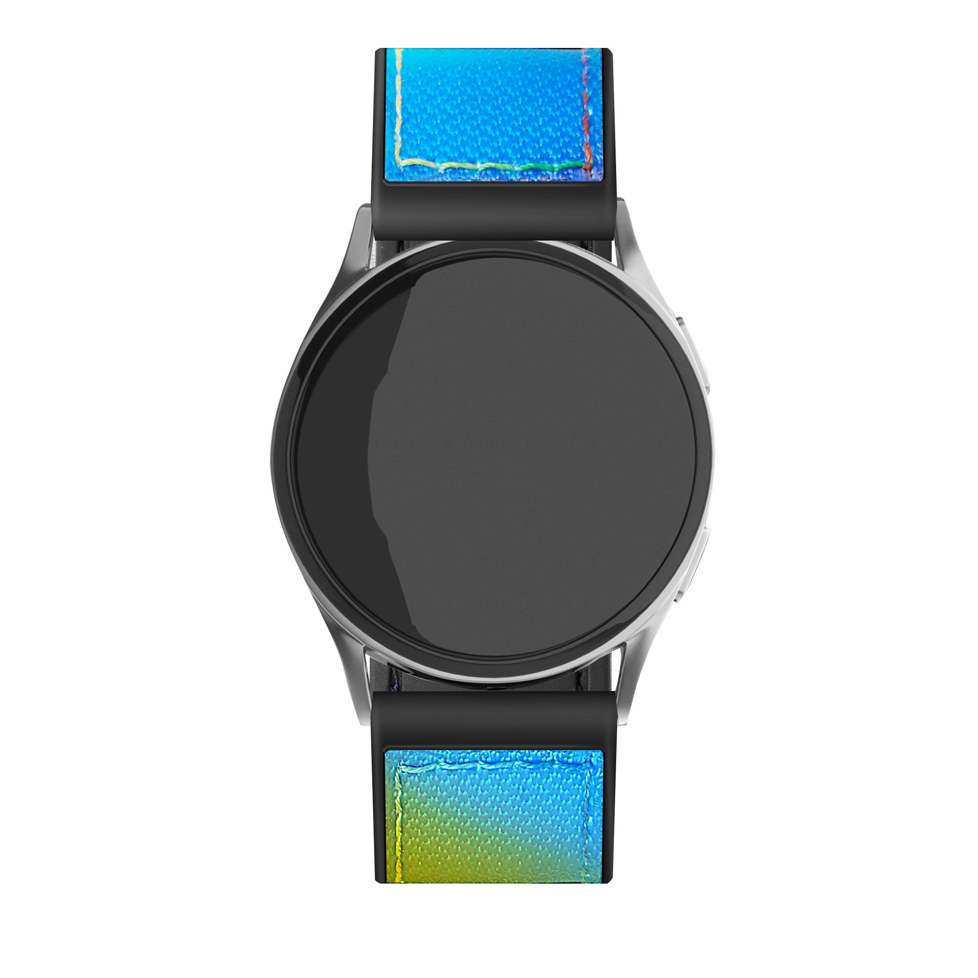 Eine Smartwatch mit schwarzem Bildschirm und blau-gelbem Armband. Auf weißem Hintergrund.