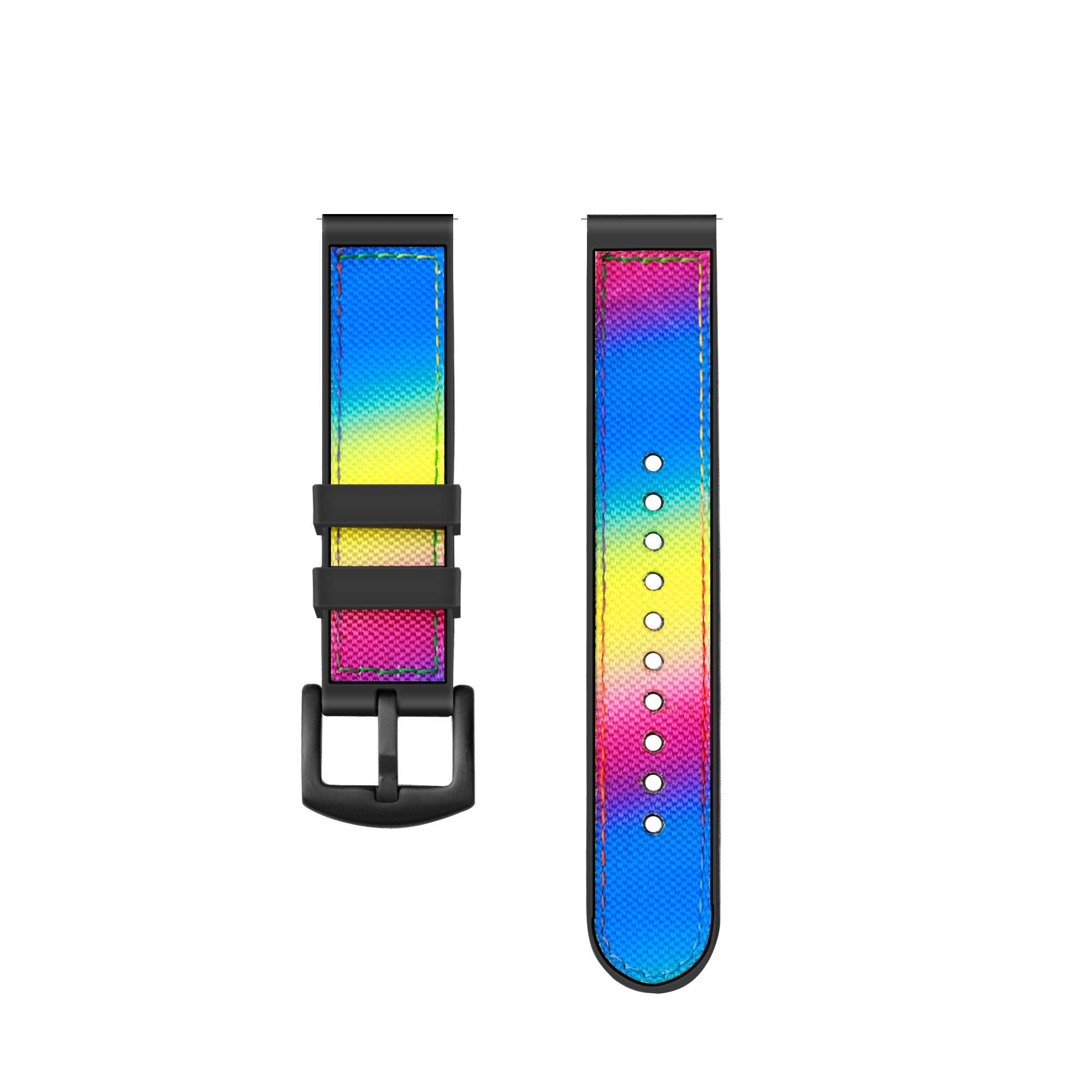 Zwei Uhrenarmbänder auf Weiß. Eines mit Schnalle, das andere mit Löchern. Beide haben Regenbogenfarben.