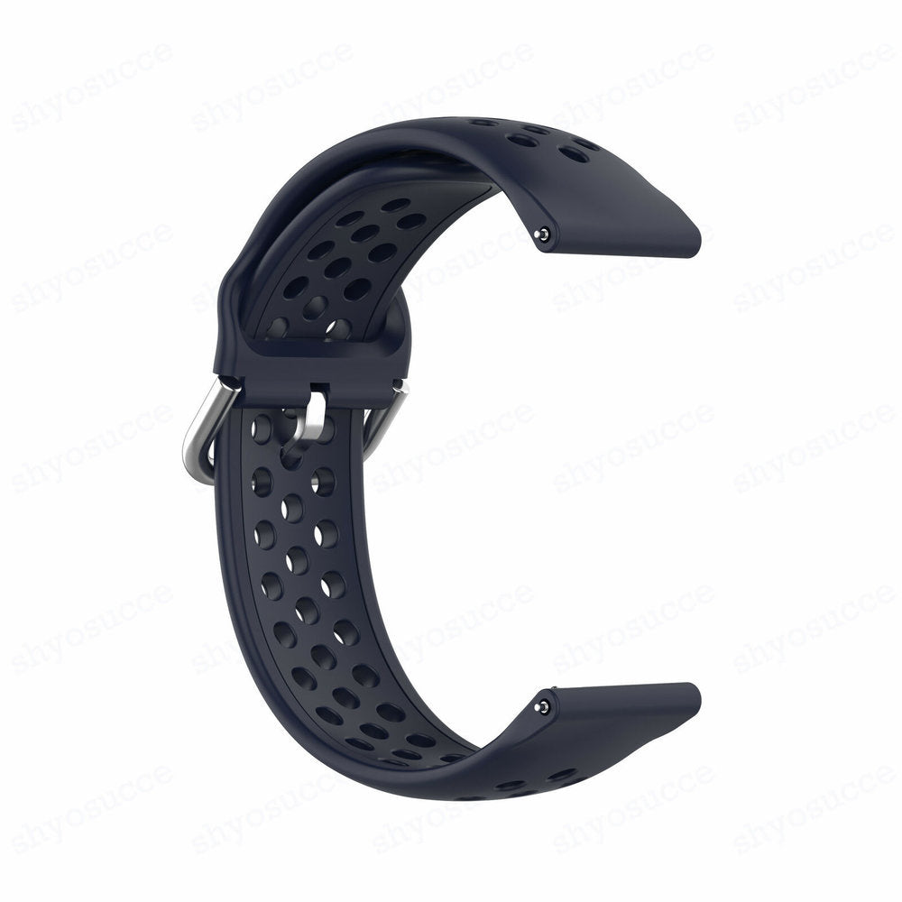 Ein dunkelblaues Uhrenarmband mit Löchern und einem Metallverschluss. Das Armband ist gebogen und liegt auf weißem Hintergrund.