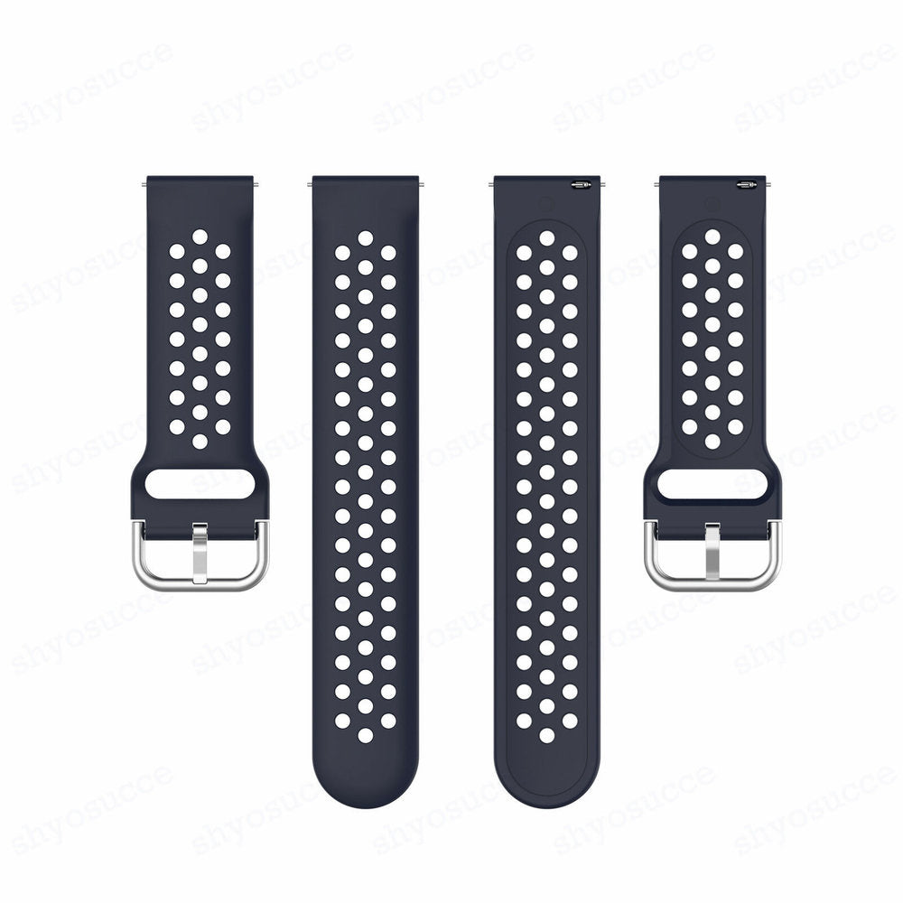 Vier dunkelblaue Uhrenarmbänder mit weißen Perforationen. Auf zwei Armbändern sind silberne Schnallen vorhanden. Die Armbänder sind auf weißem Grund.