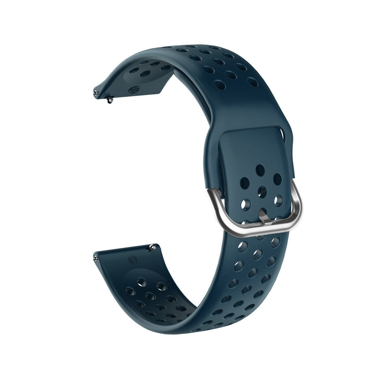 Ein dunkelblaugrünes Uhrenarmband mit einer silbernen Schnalle. Das Armband hat mehrere Löcher und ist gebogen. Der Hintergrund ist weiß.