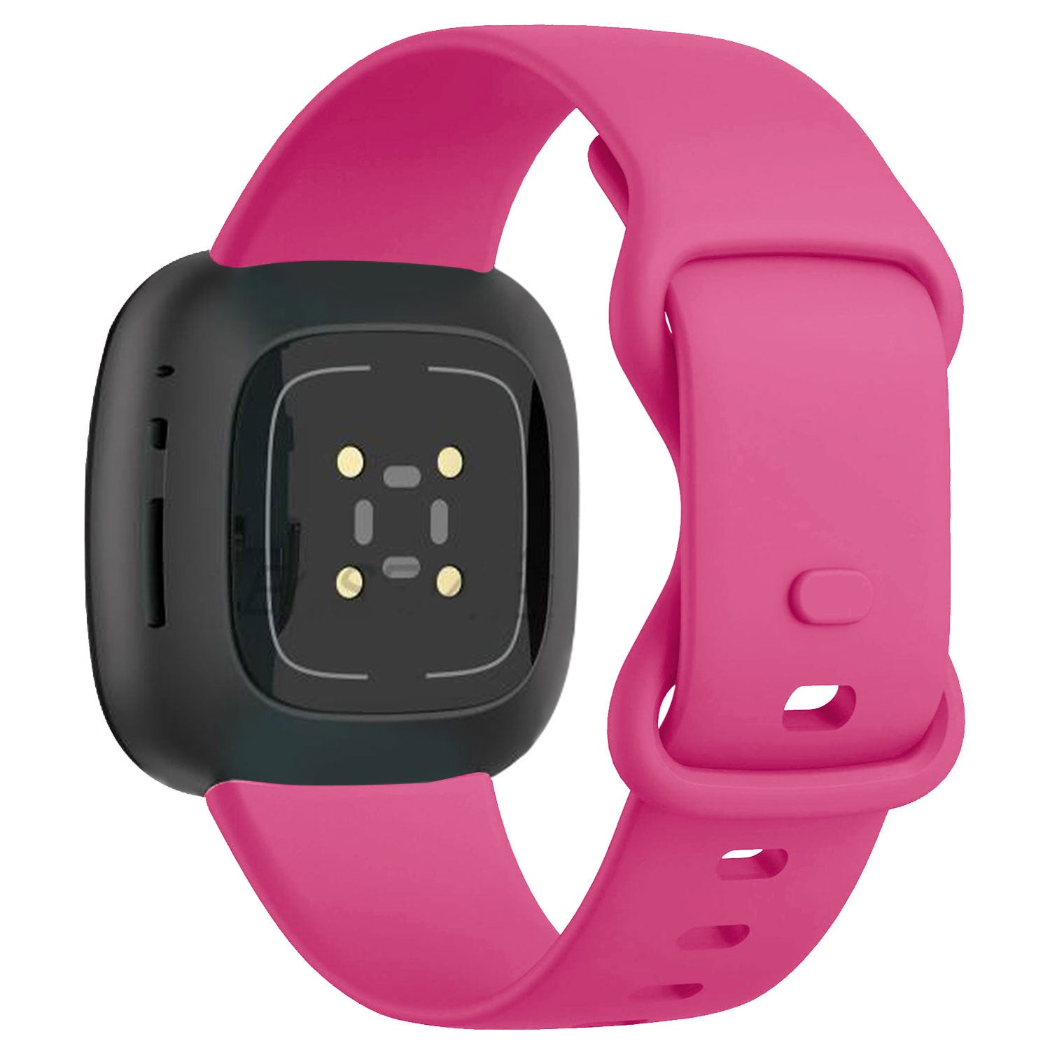 Eine rosa Smartwatch mit schwarzem Zifferblatt. Das Armband ist rosa und das Zifferblatt hat Sensoren und einen Bildschirm.