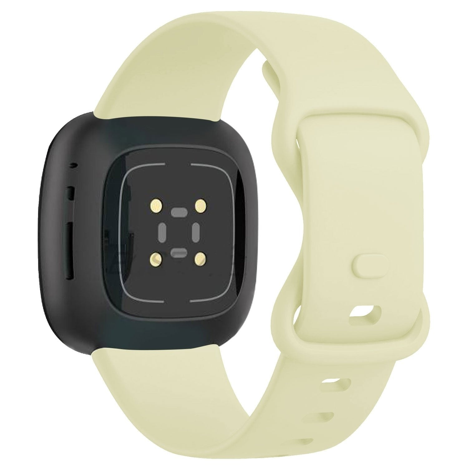 Eine schwarze Smartwatch mit hellgelbem Armband. Die Uhr hat Sensoren auf der Rückseite. Das Armband ist befestigt und einsatzbereit.
