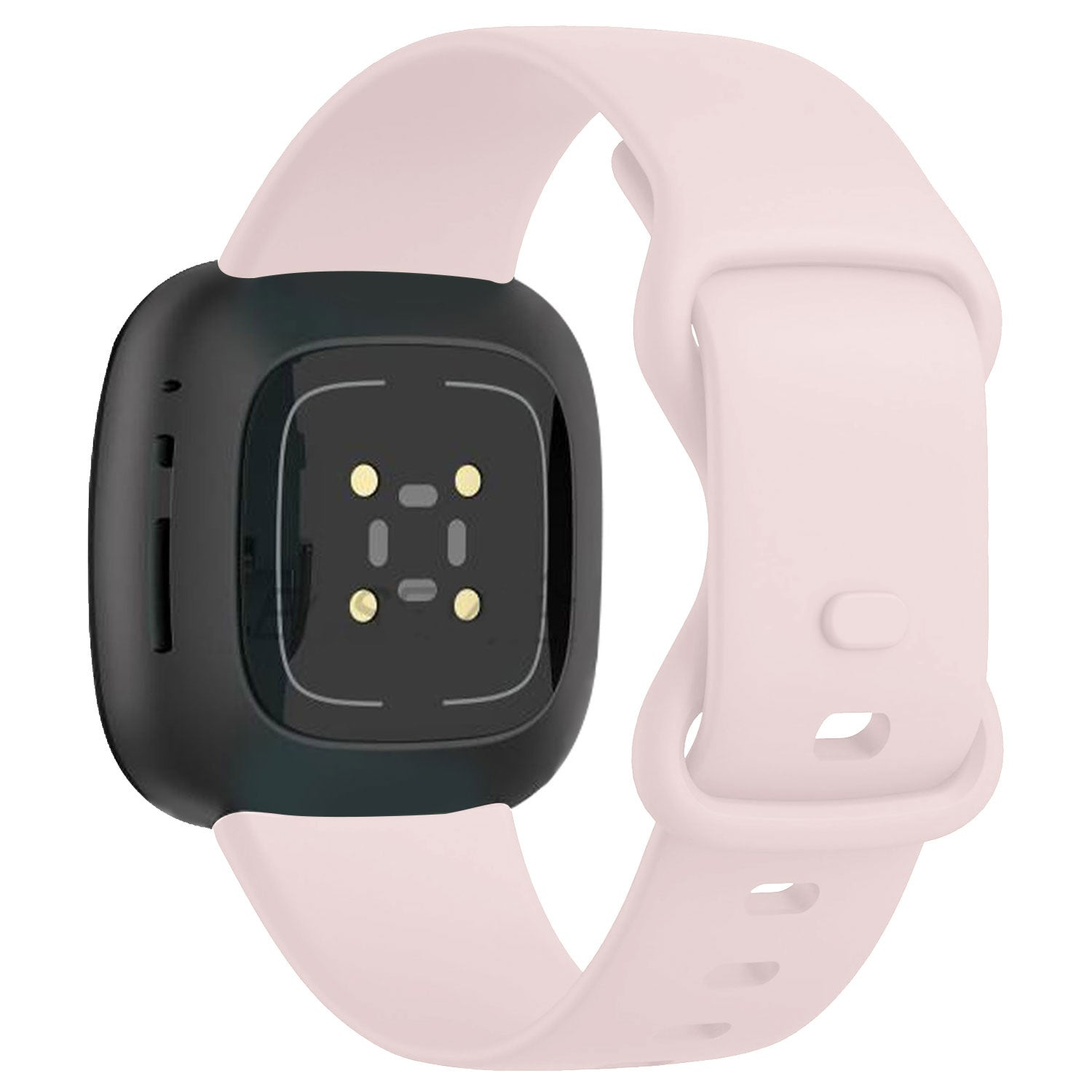 Ein schwarzes Smartwatch-Gehäuse mit einem hellrosa Armband. Die Rückseite hat Sensoren. Das Armband ist mit dem Gehäuse verbunden.