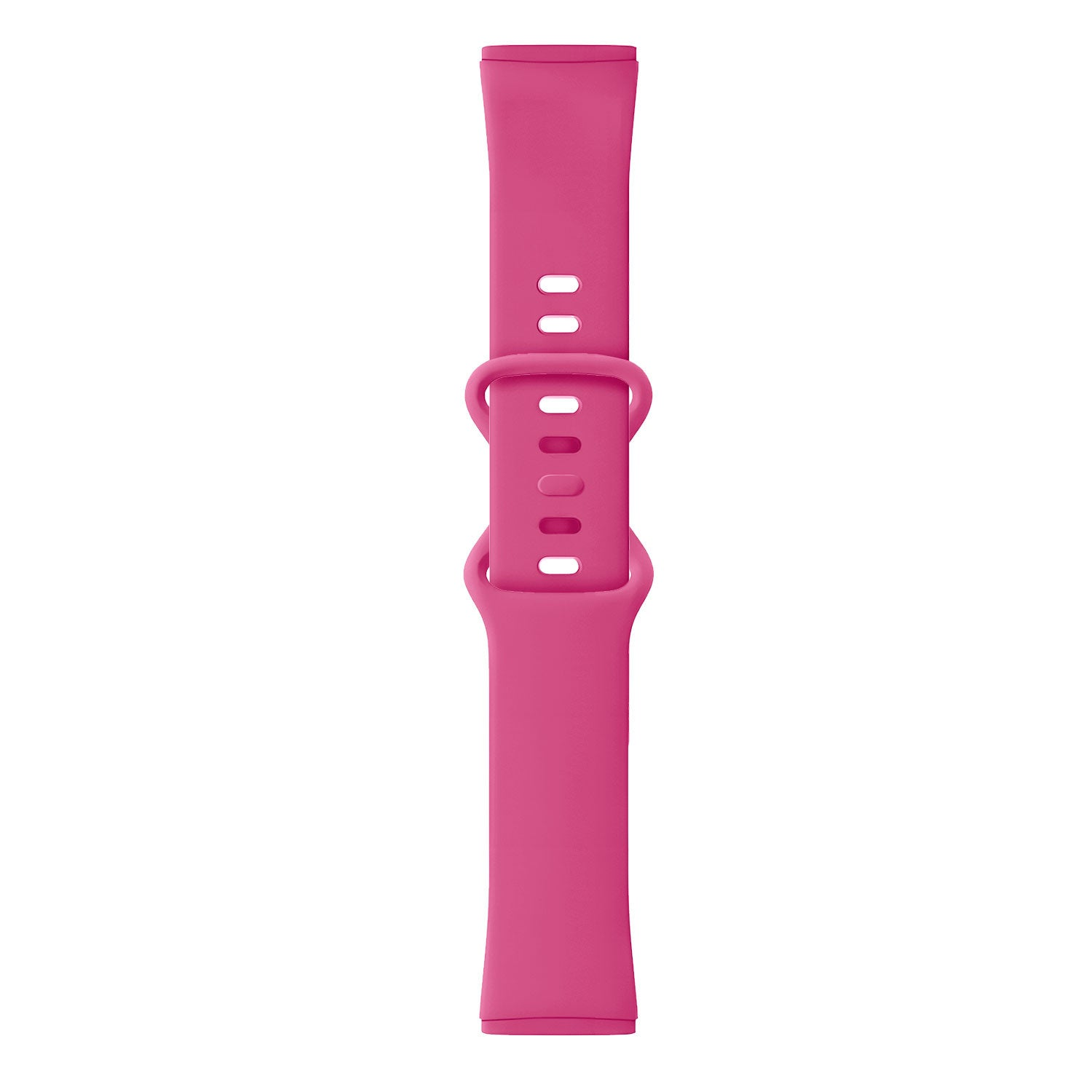 Ein pinkfarbenes Uhrenarmband liegt vertikal. Es hat Löcher und eine Schnalle. Der Hintergrund ist weiß.