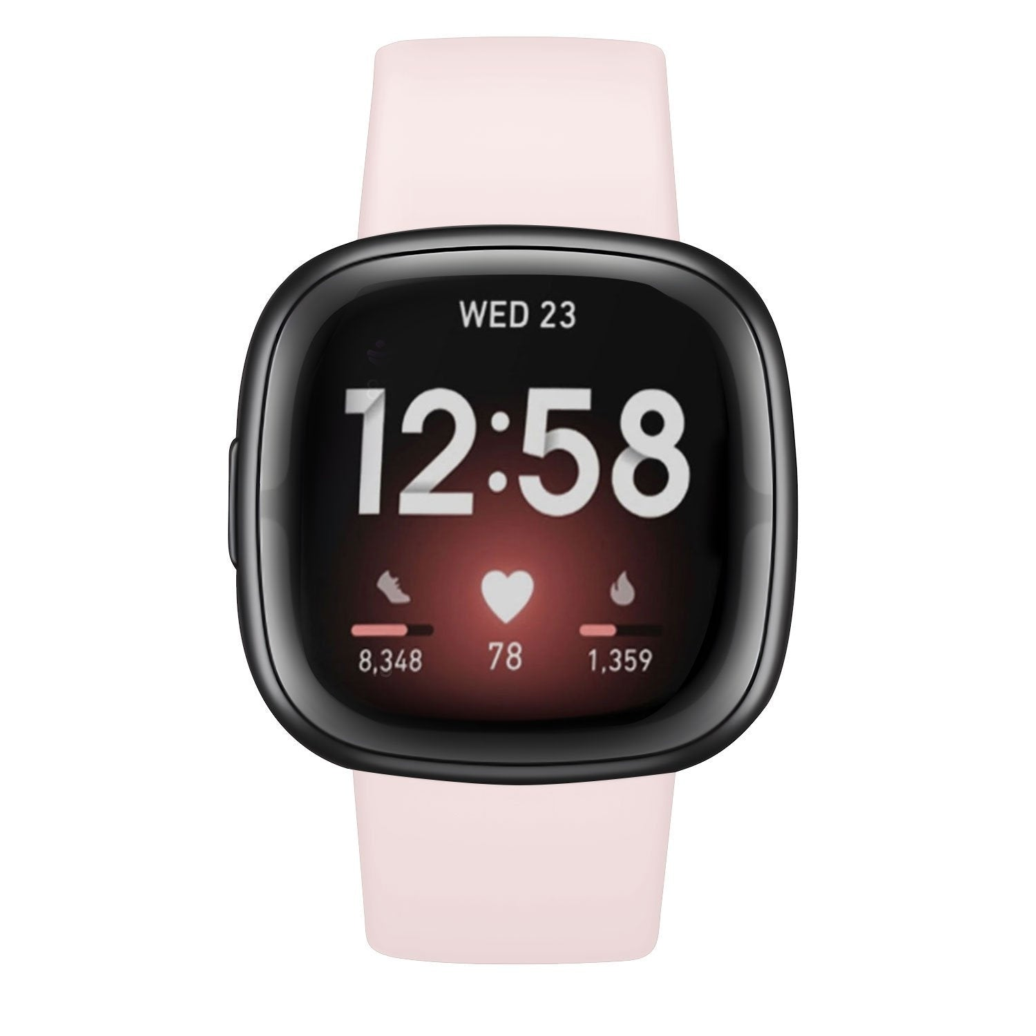 Eine Smartwatch mit schwarzem Bildschirm zeigt die Uhrzeit 12:58, Tag, Herzfrequenz, Schritte und Kalorien an. Sie hat ein hellrosa Band.