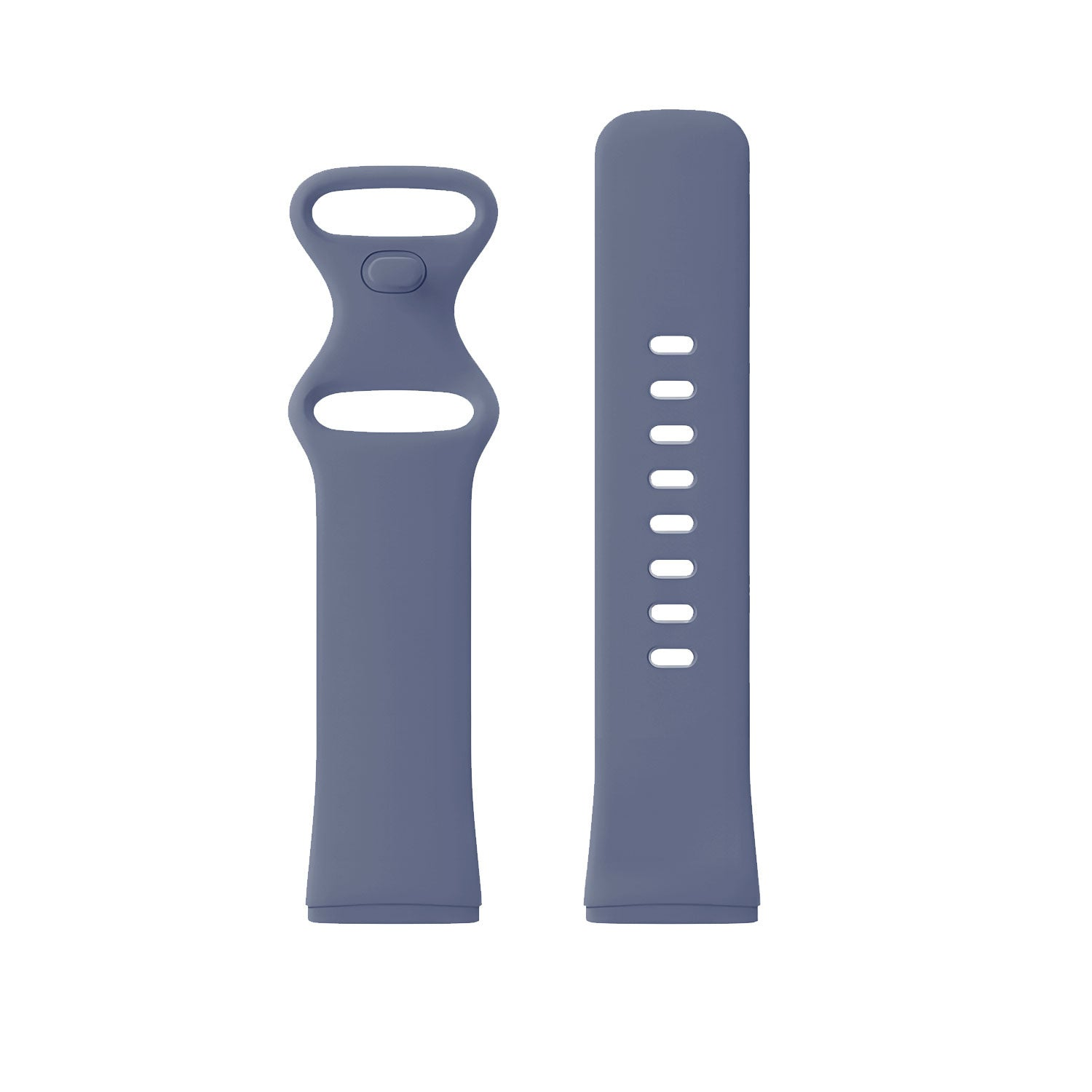 Zwei getrennte Teile eines blauen Uhrenarmbands. Eines hat einen Verschluss, das andere Löcher zur Anpassung, vor weißem Hintergrund.