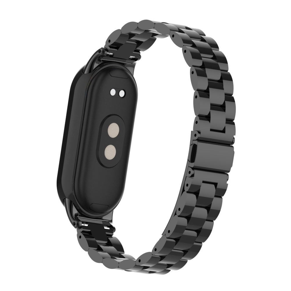 Eine schwarze Smartwatch mit Metallarmband wird auf weißem Hintergrund gezeigt. Das Zifferblatt hat zwei Kreise.