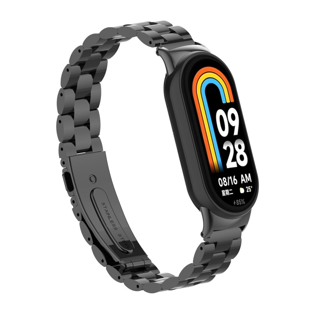 Eine schwarze Smartwatch mit Metallarmband zeigt Datum und Uhrzeit an. Der Bildschirm zeigt die Uhrzeit 09:28 und das Datum 16.08. AM.
