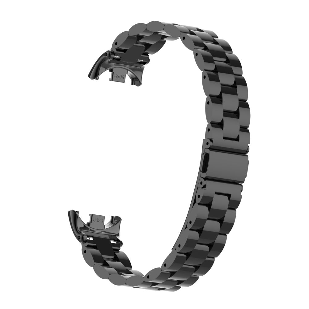Ein gebogenes, schwarzes Uhrenarmband auf weißem Hintergrund. Es besteht aus miteinander verbundenen Gliedern mit dem Markennamen an beiden Enden.