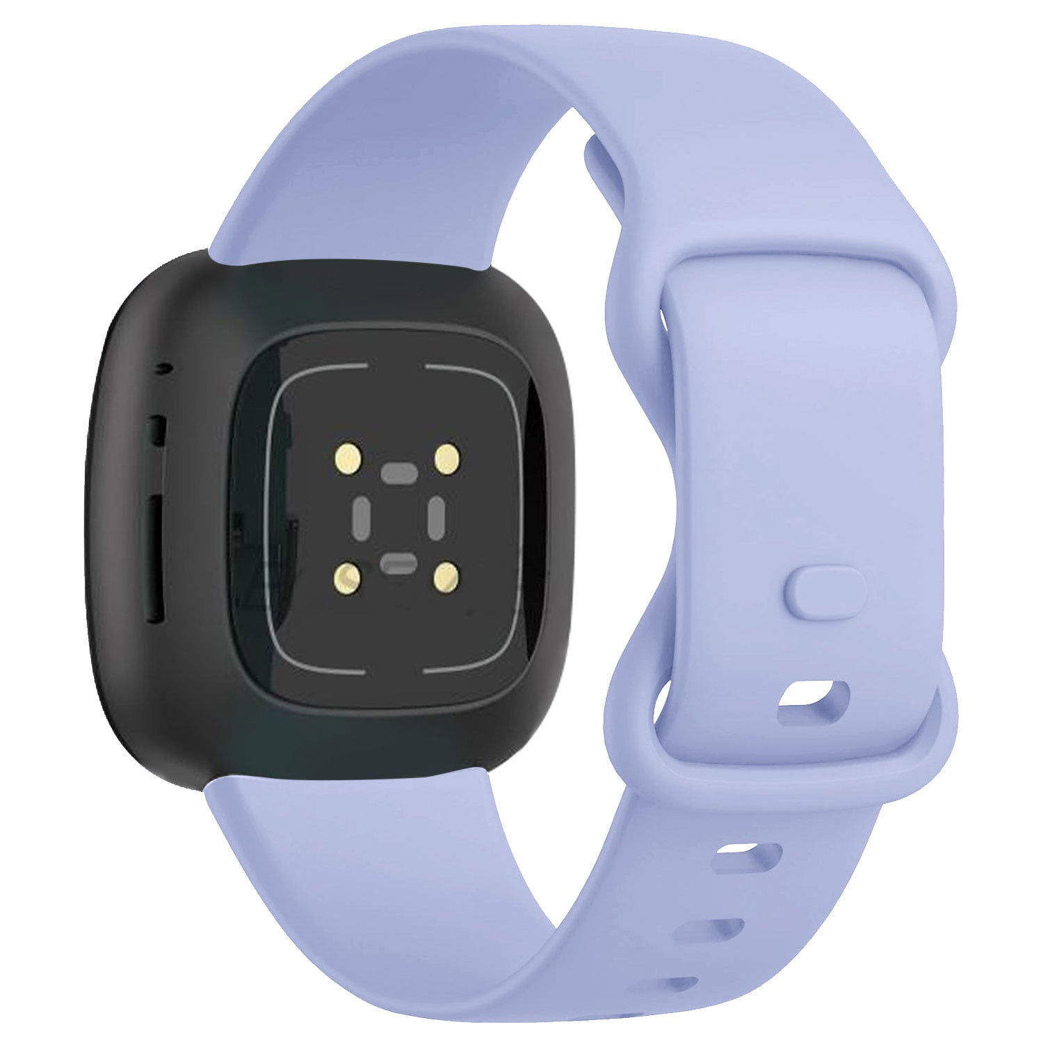 Eine schwarze Smartwatch mit hellviolettem Armband. Das Zifferblatt ist schwarz mit Sensoren. Das Armband ist mit der Uhr verbunden.
