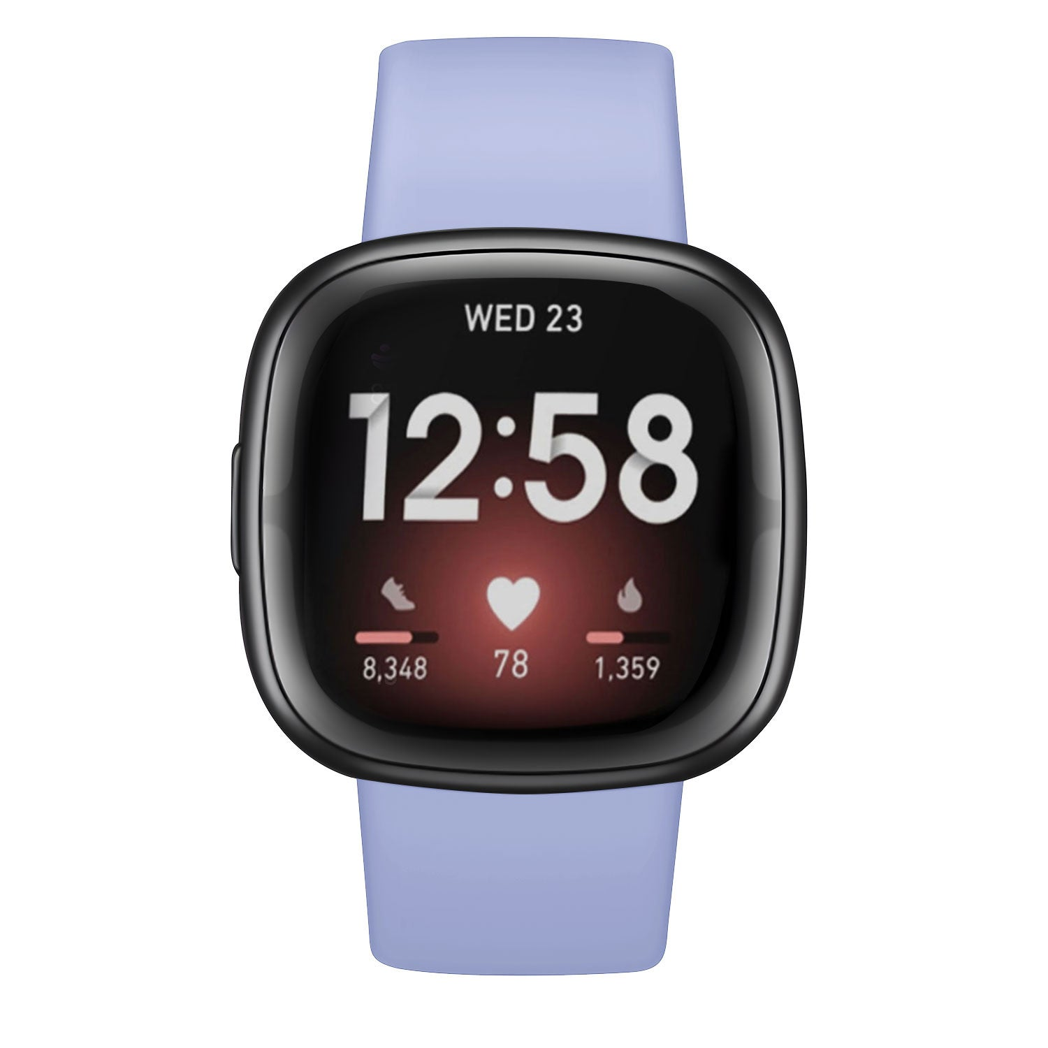 Eine Smartwatch mit schwarzem Bildschirm, der die Uhrzeit 12:58 und andere Gesundheitsdaten anzeigt, auf einem hellblauen Armband.