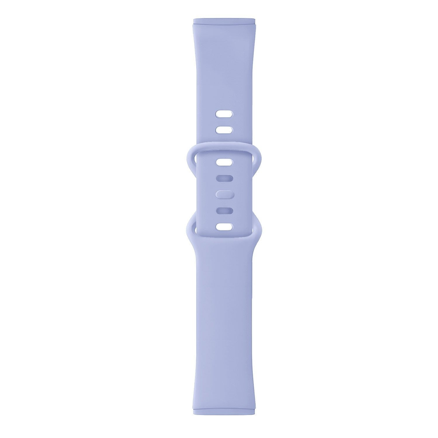 Ein helllila Uhrenarmband. Das Armband hat Löcher und eine Schnalle. Der Hintergrund ist weiß.