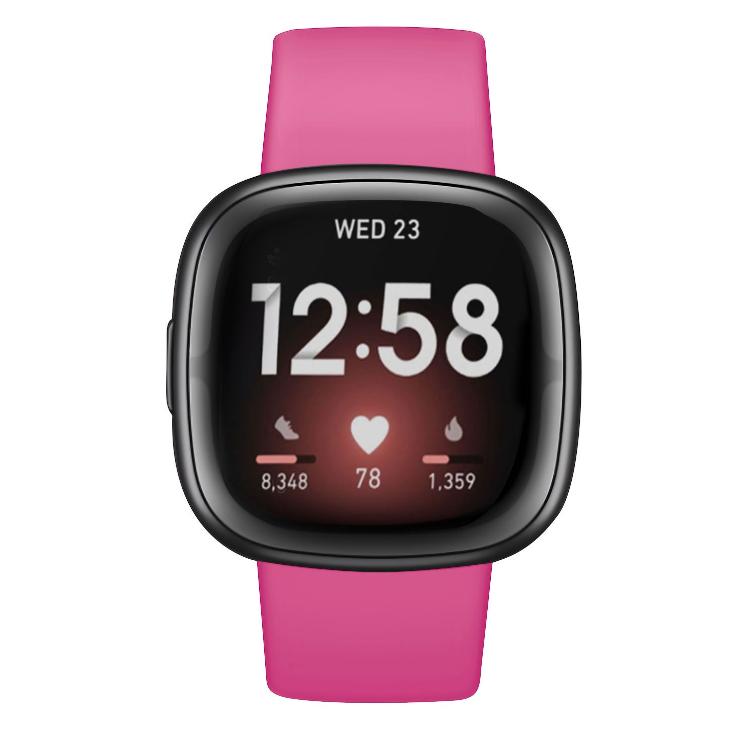 Eine Smartwatch mit schwarzem Bildschirm, der 12:58 Uhr, Schritte, Herzfrequenz und Kalorien anzeigt. Sie hat ein pinkfarbenes Armband.