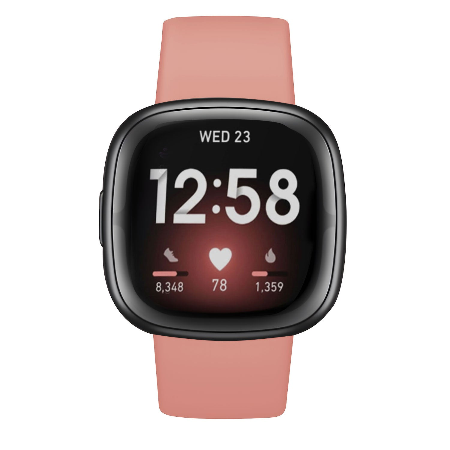 Eine Smartwatch mit pinkfarbenem Armband zeigt die Uhrzeit 12:58, das Datum Mi 23, die Schrittzahl 8.348, die Herzfrequenz 78 und verbrannte Kalorien 1.359 an.