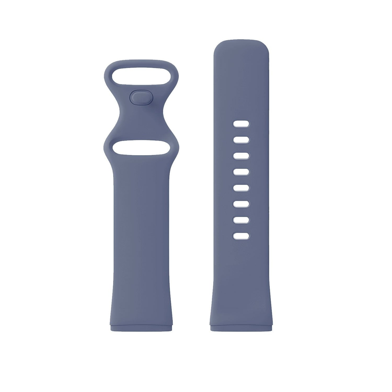 Zwei getrennte, blau-graue Uhrenarmbänder. Eines hat einen Verschluss, das andere Löcher zur Anpassung. Beide sind auf weißem Hintergrund.