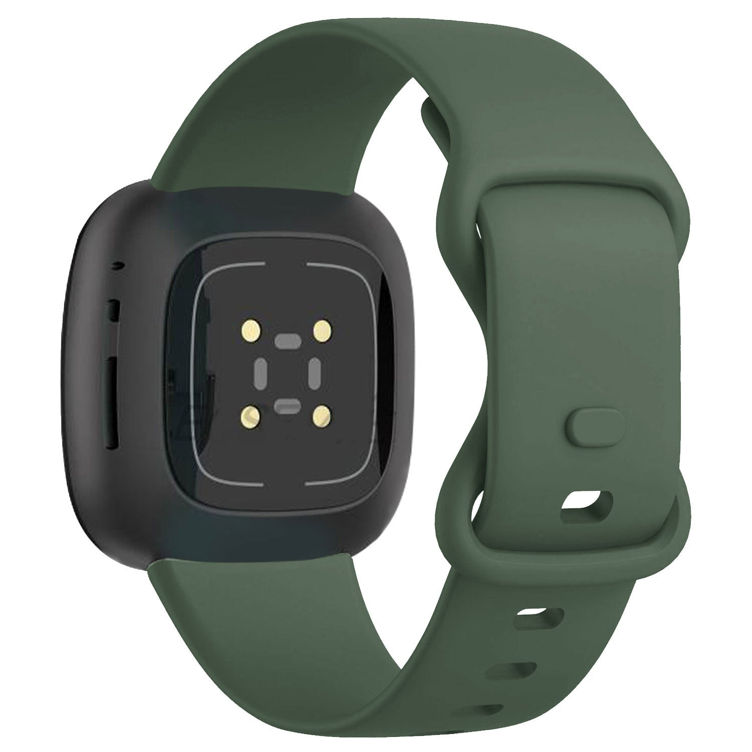 Eine Smartwatch mit schwarzem Zifferblatt und olivgrünem Armband. Die Uhr hat einen Herzfrequenzsensor und eine Schnalle.