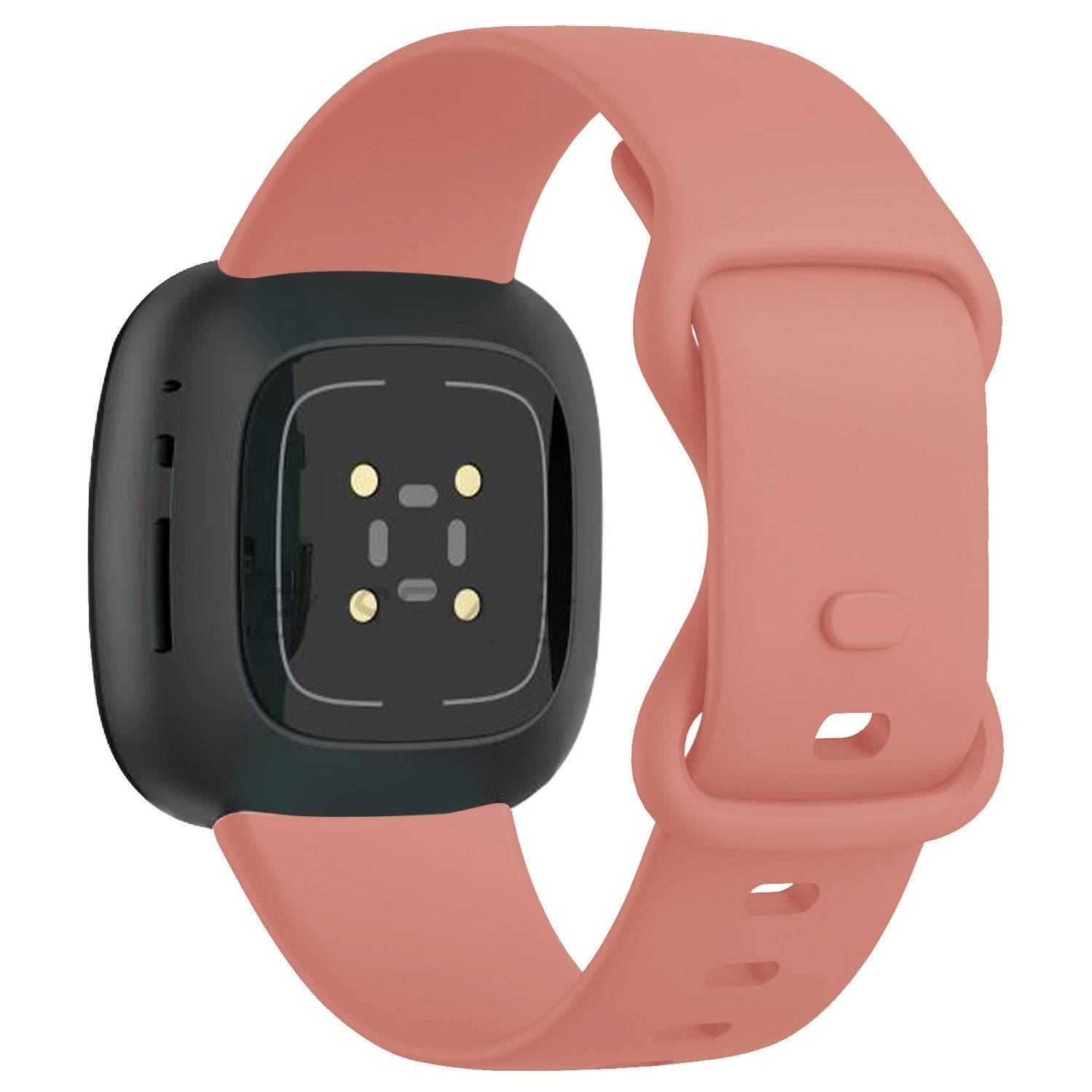 Eine Smartwatch mit schwarzem Display und rosa Armband wird angezeigt. Das Armband ist mit dem Uhrengehäuse verbunden.