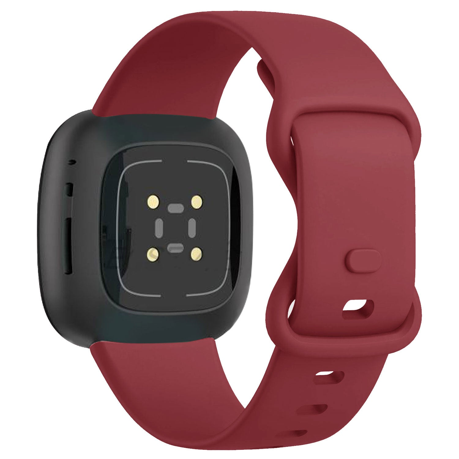 Eine rote Smartwatch mit schwarzem Gehäuse. Das Armband ist rot. Das Zifferblatt ist schwarz mit goldenen Punkten.