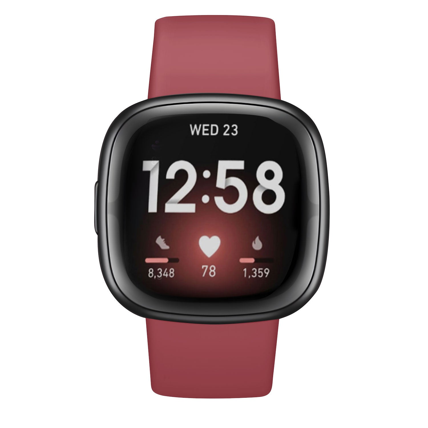 Eine Smartwatch mit schwarzem Rahmen und rotem Armband. Der Bildschirm zeigt Uhrzeit, Herzfrequenz und Aktivitätsdaten.