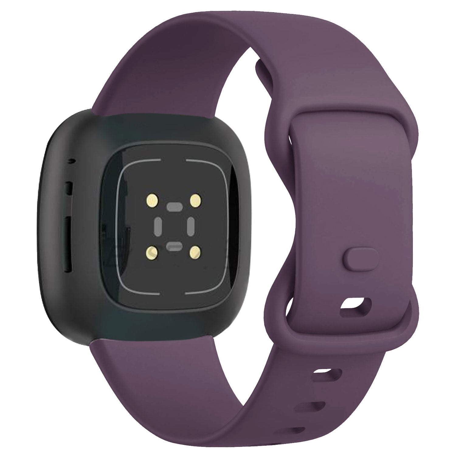 Eine violette Smartwatch mit schwarzem Zifferblatt. Das Armband hat die passende violette Farbe. Die Uhr hat Sensoren auf der Rückseite.
