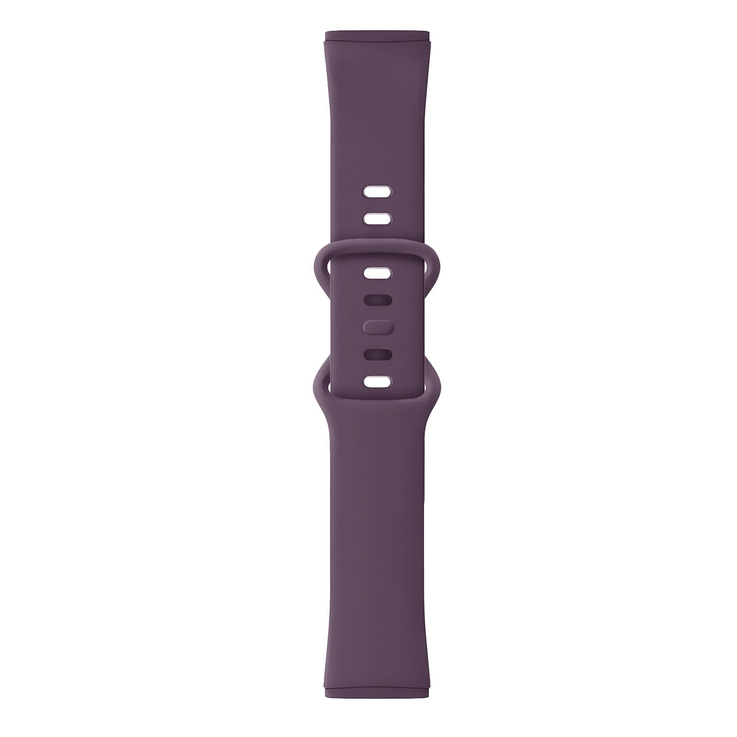 Ein lilafarbenes Uhrenarmband liegt vertikal vor einem weißen Hintergrund. Es hat eine Schnalle und mehrere Löcher zur Anpassung. Das Band besteht aus Silikon.
