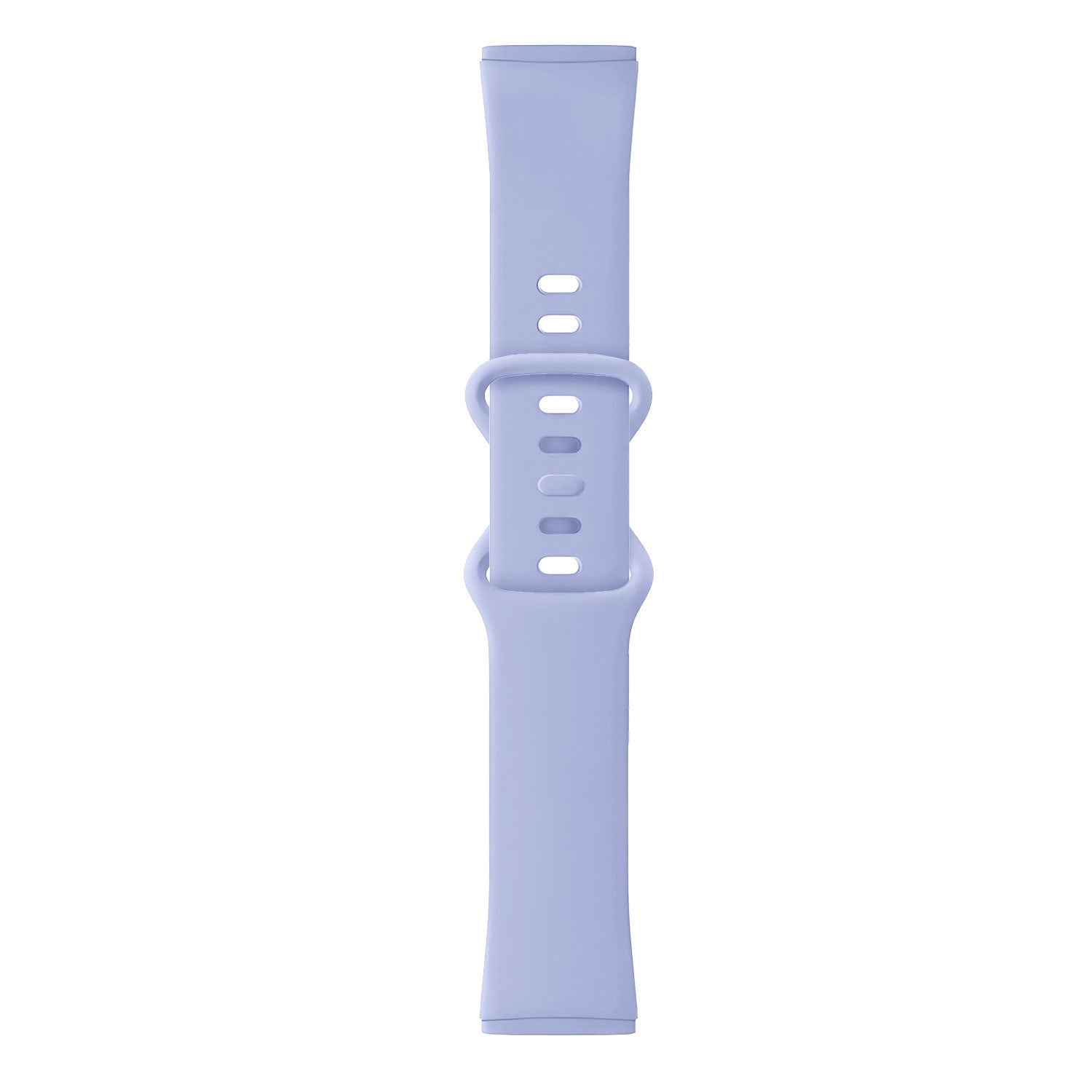 Ein helllila Uhrenarmband, vertikal gelegt. Es hat eine Schnalle und mehrere ovale Löcher. Der Hintergrund ist weiß.