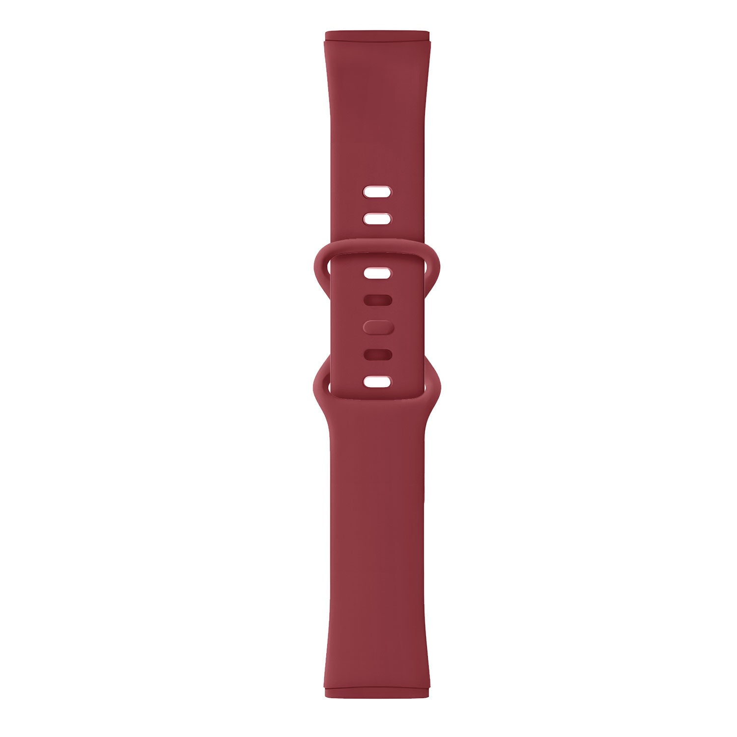 Ein weinrotes Uhrenarmband vor weißem Hintergrund. Das Armband hat eine Schnalle und mehrere Löcher zur Anpassung.