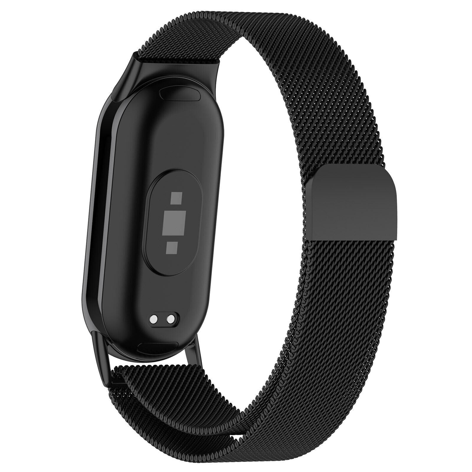 Schwarze Smartwatch mit Mesh-Armband. Die Uhr hat ein Display und Sensoren auf der Rückseite. Das Armband ist gebogen.