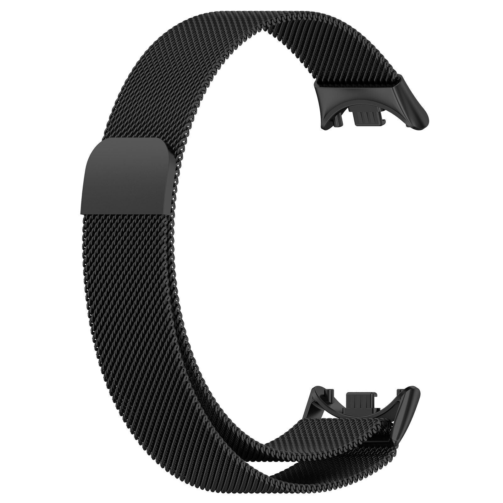 Ein schwarzes Uhrenarmband mit Mesh-Design, in 'C'-Form gebogen, mit Verschlüssen an jedem Ende, auf weißem Hintergrund.