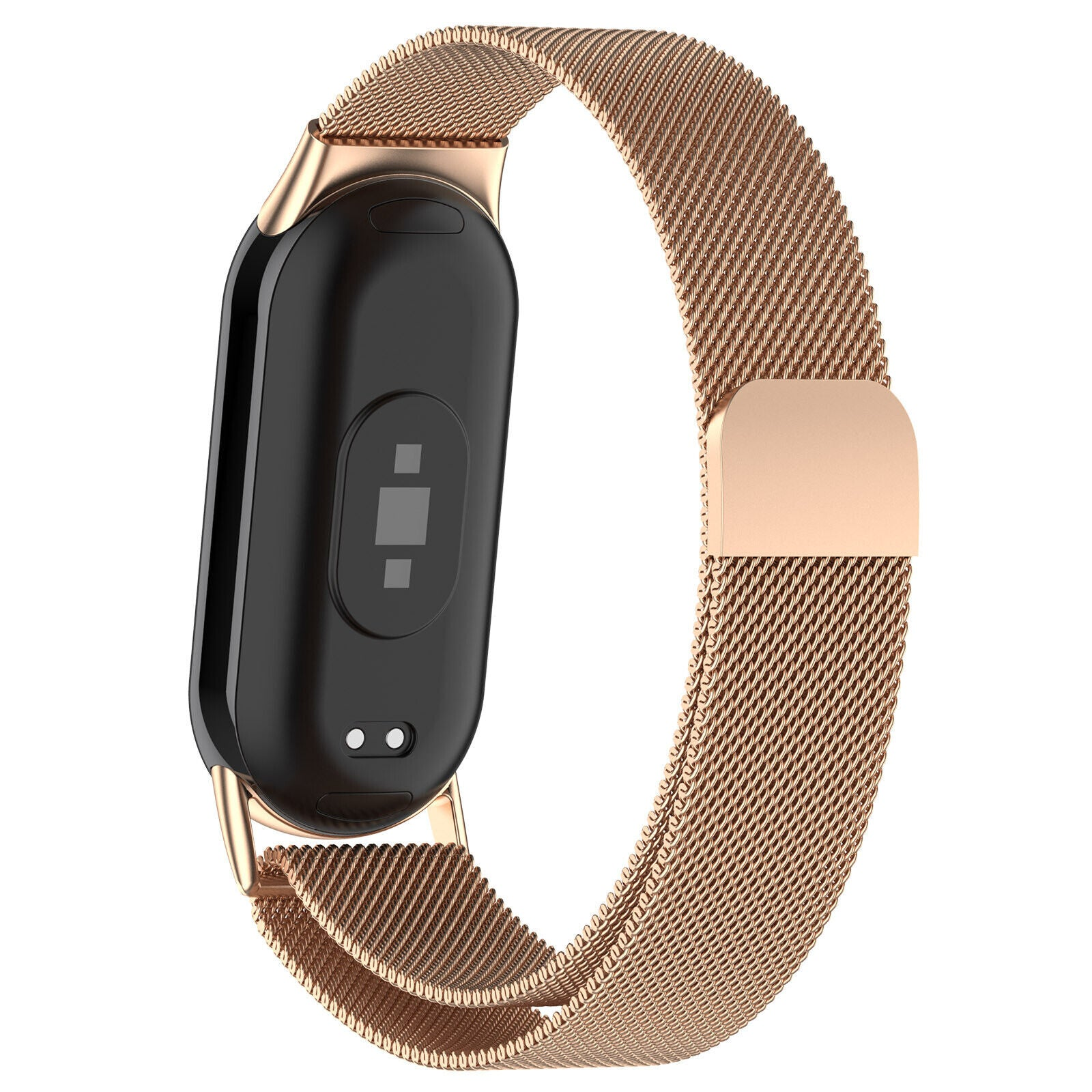 Eine schwarze Smartwatch mit goldenem Armband. Das Armband ist im Mesh-Stil. Der Uhrenbildschirm ist schwarz. Weißer Hintergrund.