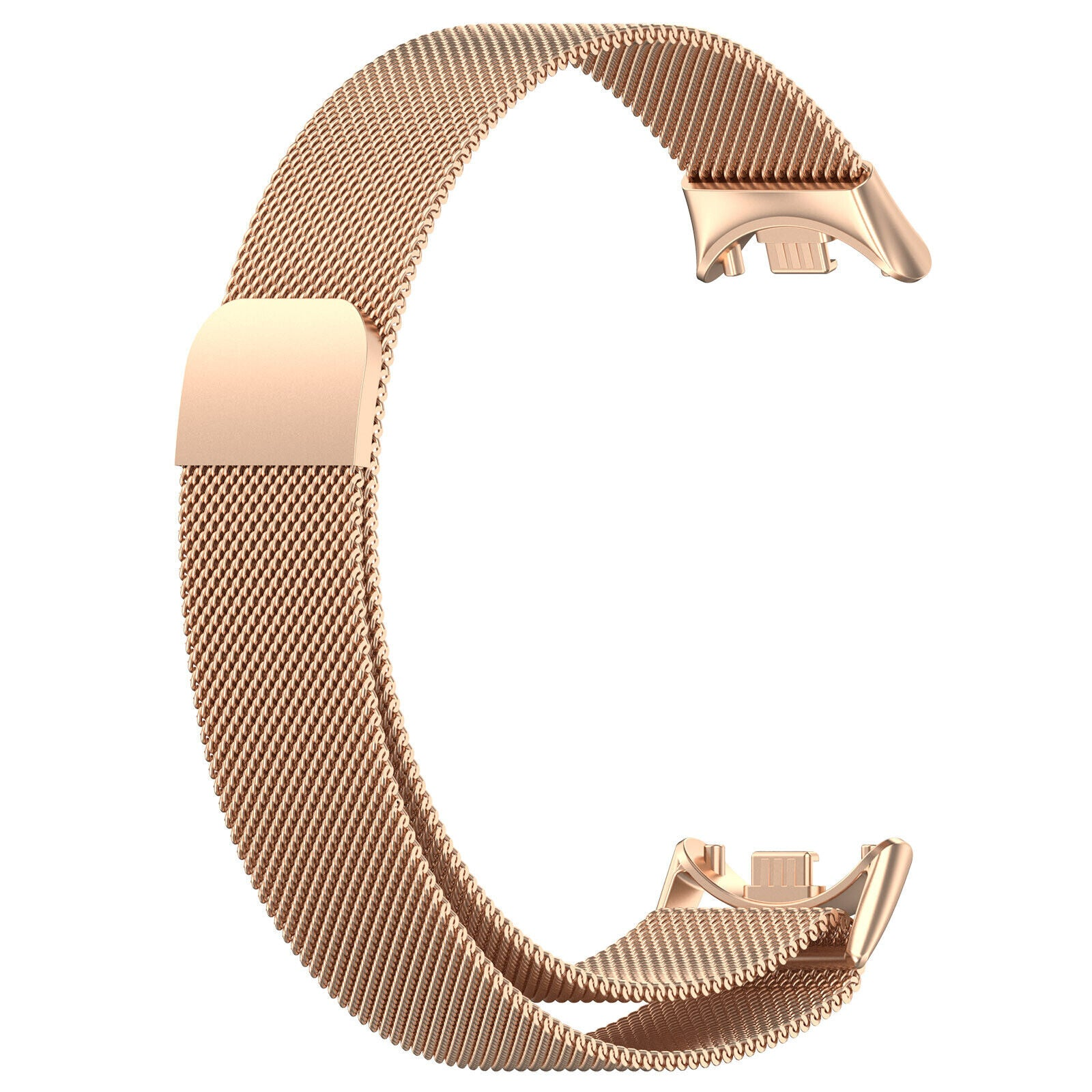 Ein roségoldenes Uhrenarmband, Mesh-Design, C-förmig auf weißem Hintergrund. Das Band hat einen Verschluss.