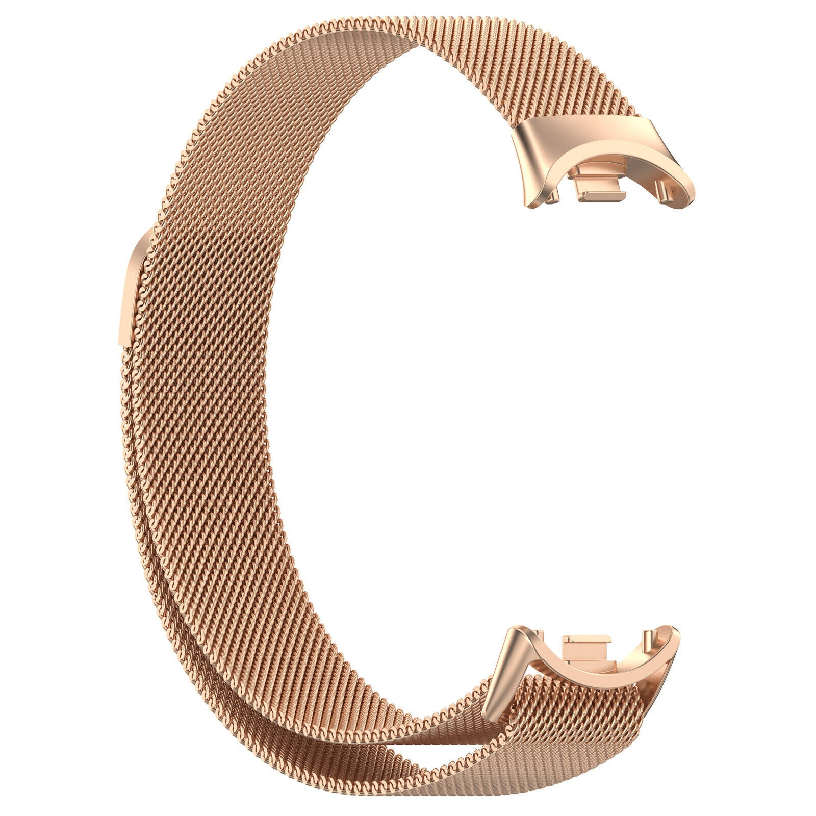 Ein roségoldenes Metall-Mesh-Uhrenarmband in C-Form mit Verschlussenden. Isoliert auf weißem Hintergrund.