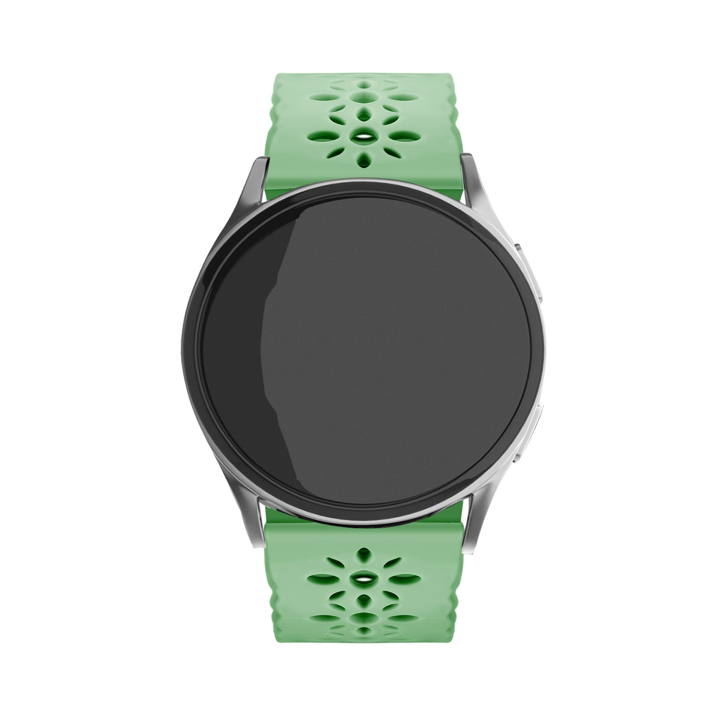 Eine Smartwatch mit schwarzem Bildschirm und hellgrün gemustertem Armband. Die Uhr hat ein silbernes Gehäuse und ist auf weißem Hintergrund zentriert.