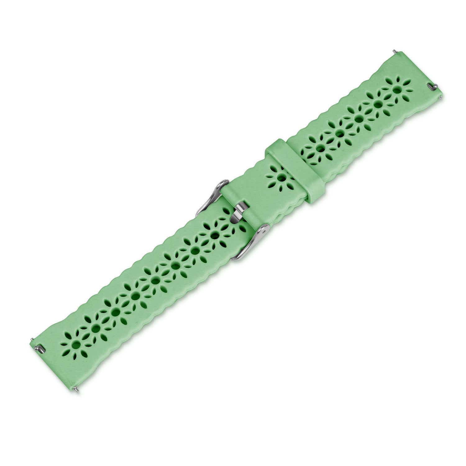 Ein hellgrünes Uhrenarmband mit floralen Aussparungen und einer silbernen Schnalle liegt auf weißem Hintergrund.