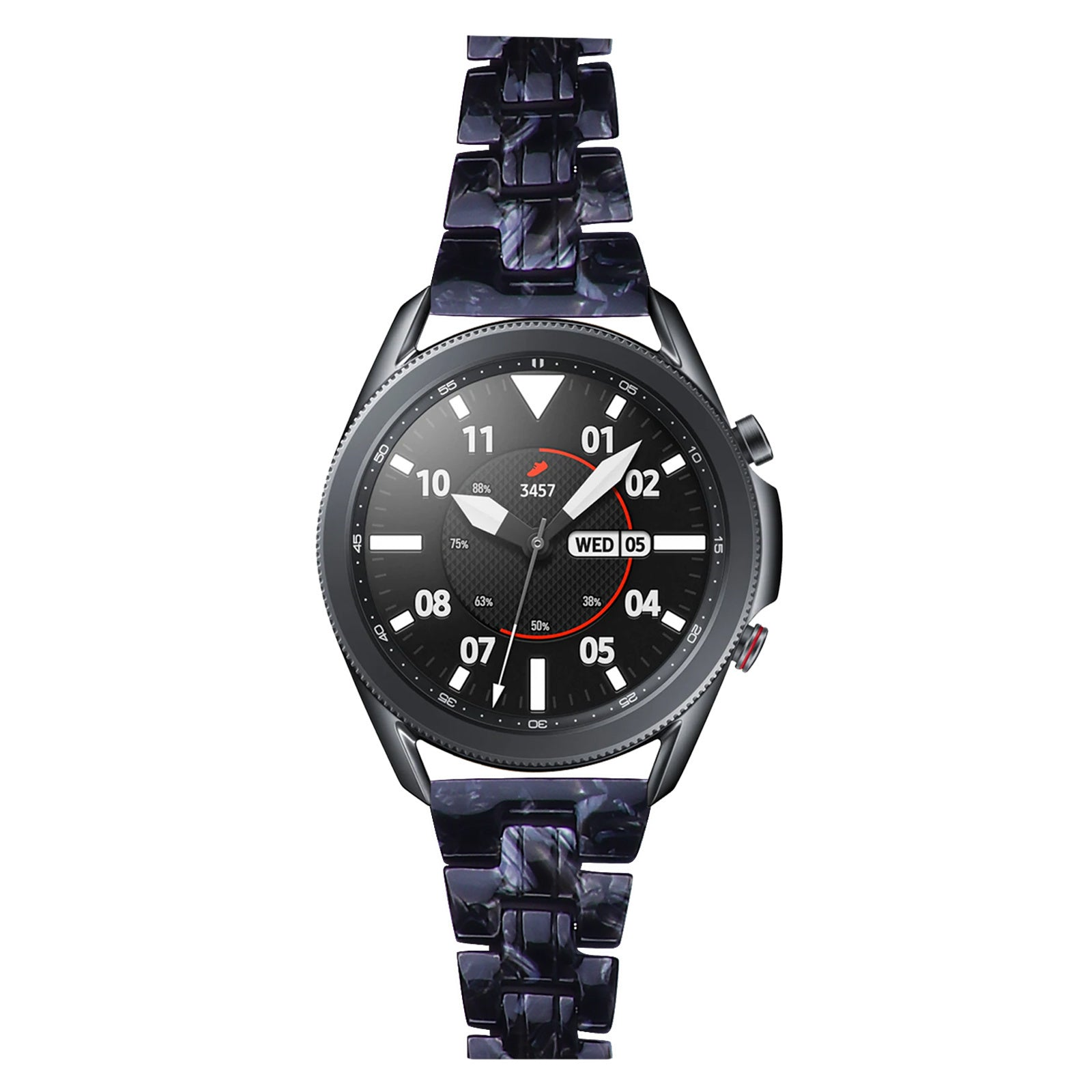 Eine schwarze Smartwatch mit gemustertem Armband. Das Zifferblatt zeigt Uhrzeit und Datum.