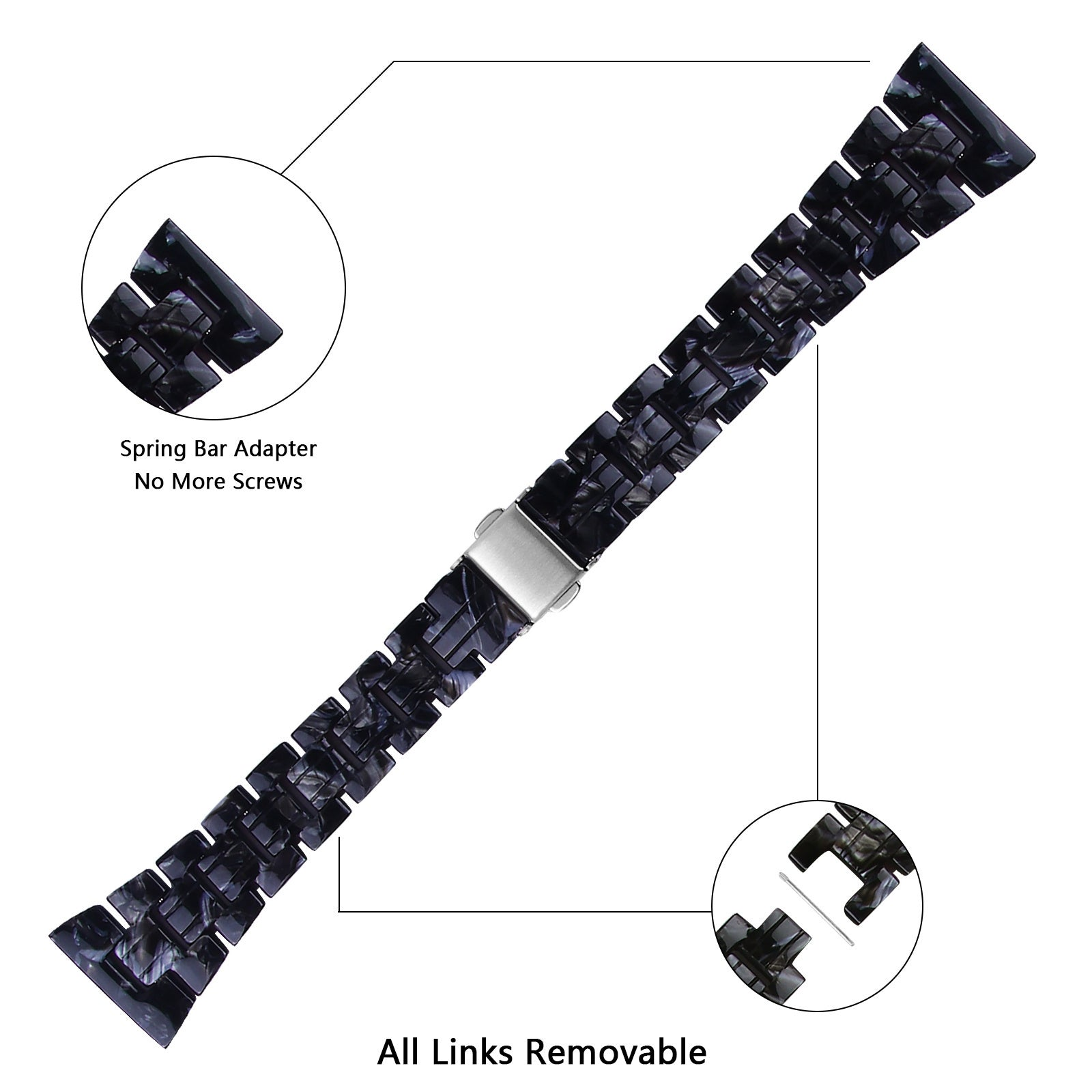 Armbanduhr mit dunkelgrauen Gliedern, silberner Verschluss. Enthält Nahaufnahmen des Federstegadapters und der abnehmbaren Glieder.