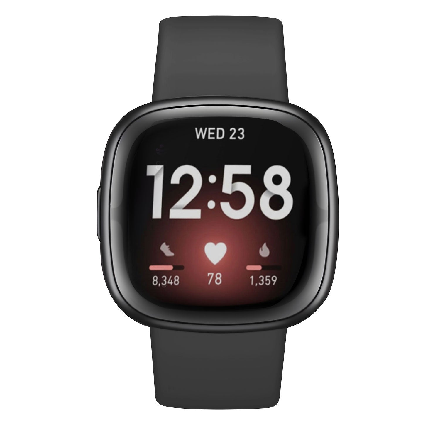 Eine schwarze Smartwatch zeigt die Zeit 12:58 Uhr an, mit Schritten, Herzfrequenz und verbrannten Kalorien. Das Datum ist Mittwoch, 23.