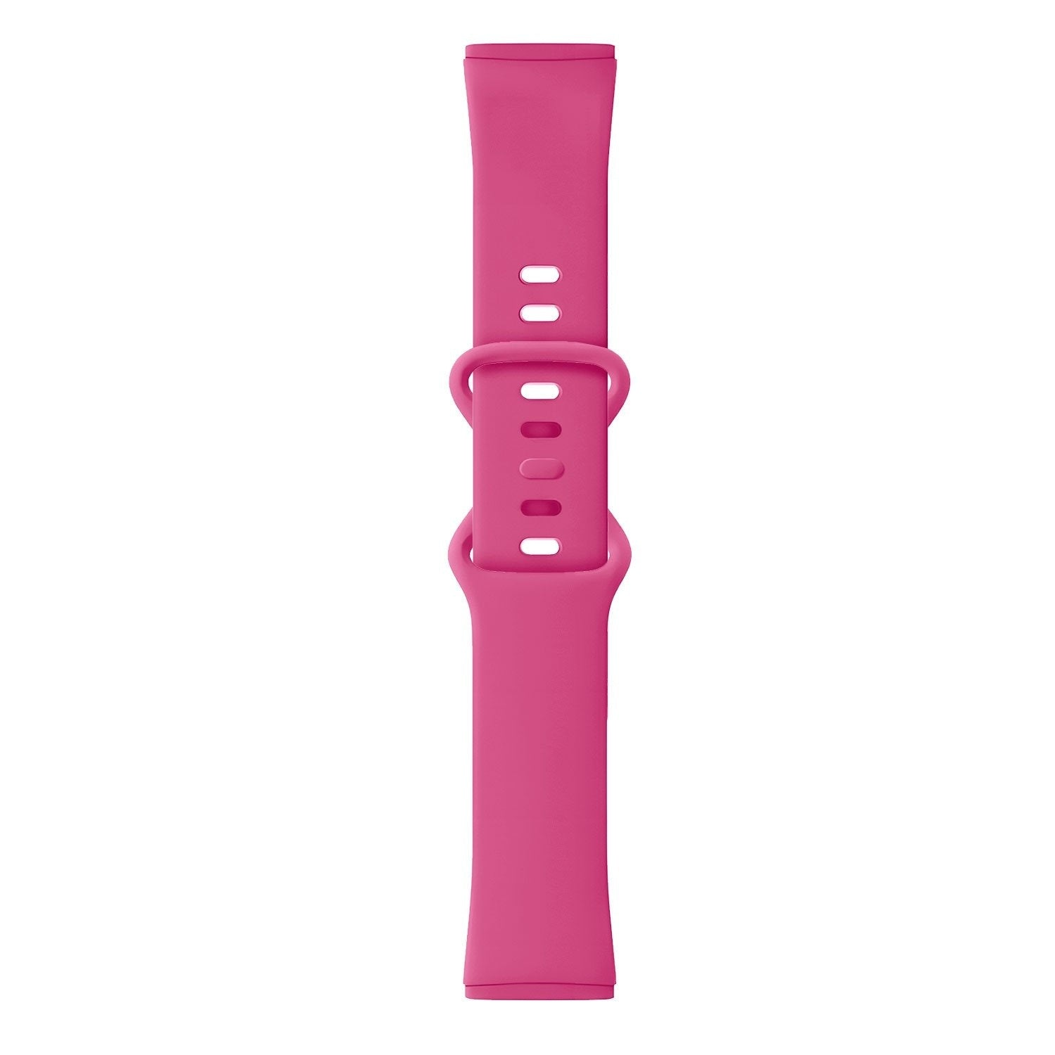Ein pinkfarbenes Uhrenarmband auf weißem Hintergrund. Das Armband hat eine Schnalle und Löcher zur Anpassung.