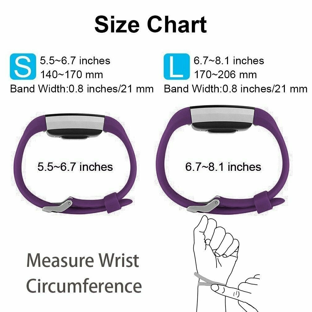 Größentabelle für Armbänder. Zeigt die Größen S und L mit Maßen in Zoll und Millimetern. Zeigt, wie man den Handgelenkumfang misst.