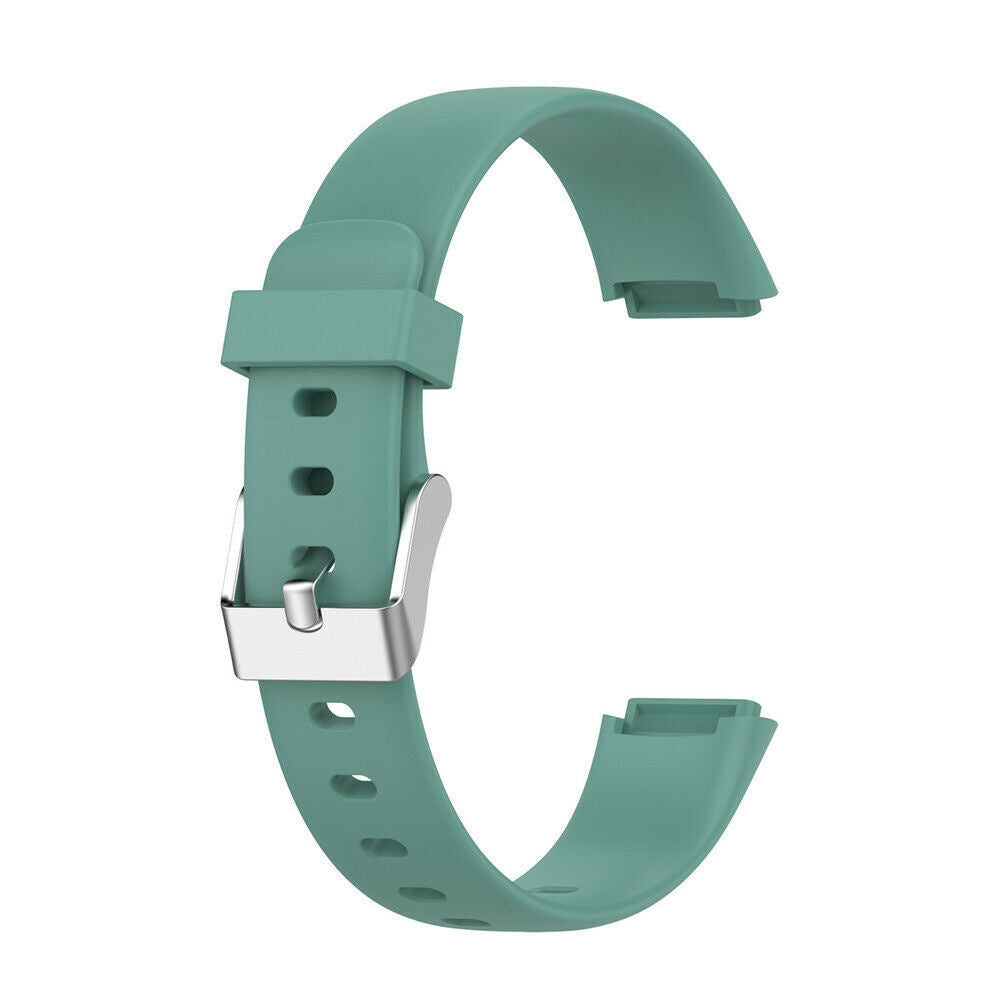 Ein türkisgrünes Uhrenarmband mit silberner Schnalle. Das Band ist C-förmig gebogen, mit Löchern zur Anpassung und einem Verschluss.
