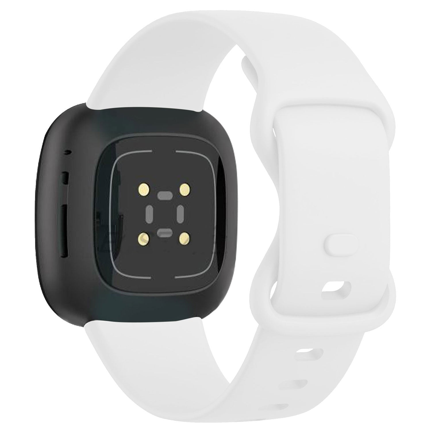Eine Smartwatch mit schwarzem Gehäuse und weißem Armband wird angezeigt. Die Uhr hat Sensoren auf der Rückseite. Das Armband ist mit dem Gehäuse verbunden.