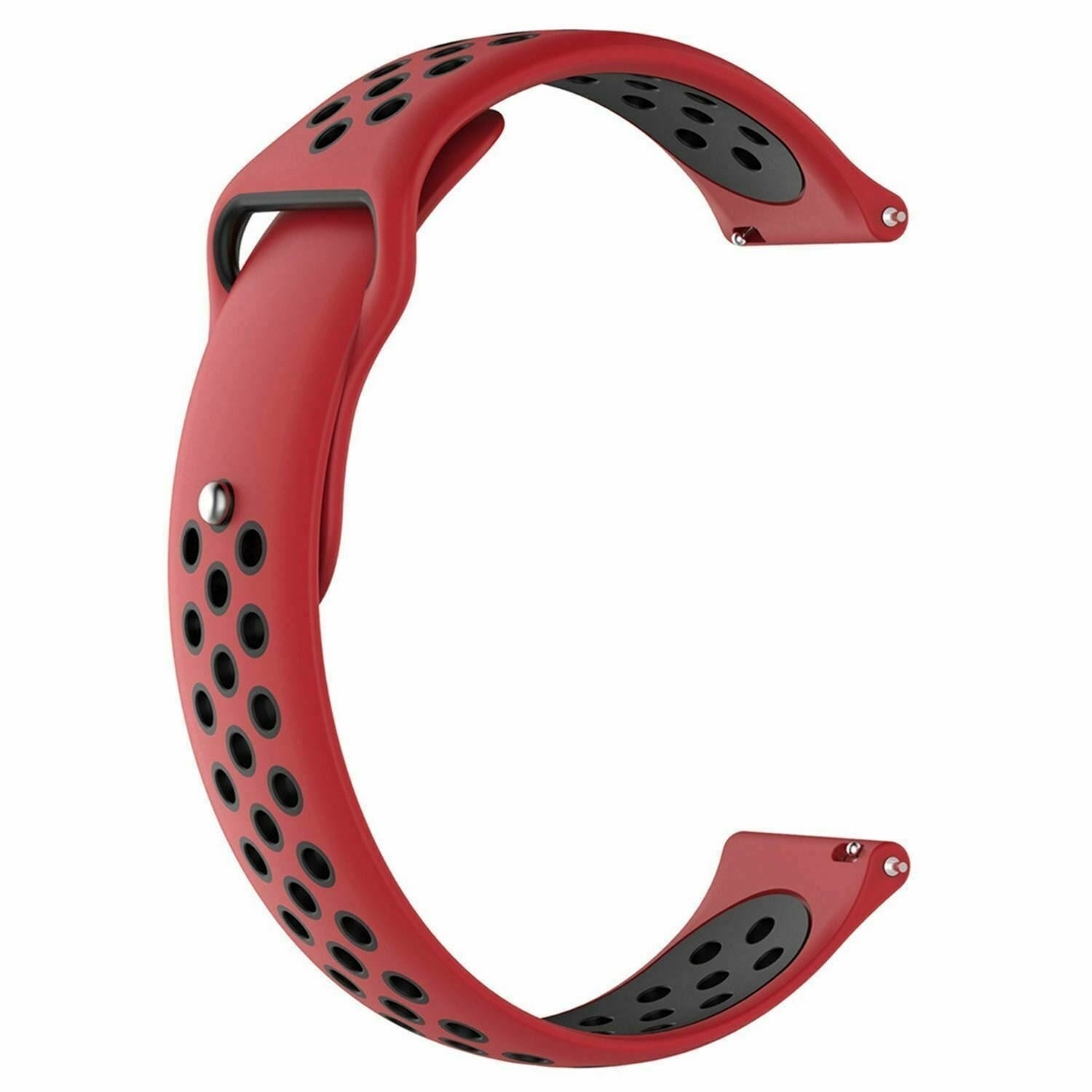 Rotes Uhrenarmband mit schwarzen Perforationen. Das Armband ist gebogen und hat schwarze Akzente auf der Innenseite. Das Armband hat Metallverbinder.