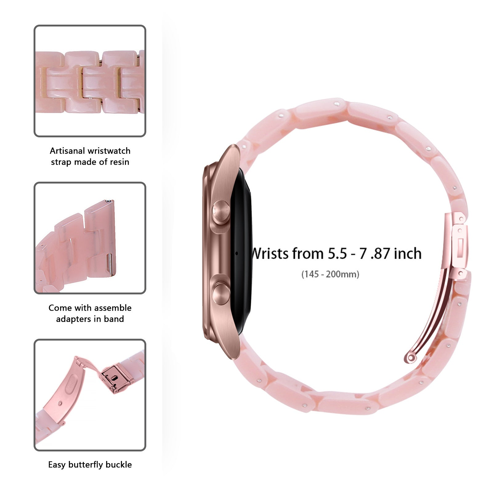 Roségoldene Smartwatch mit pinkfarbenem Harzarmband. Merkmale sind eine Butterfly-Schnalle und Adapter. Handgelenkgröße 5,5 bis 7,87 Zoll.