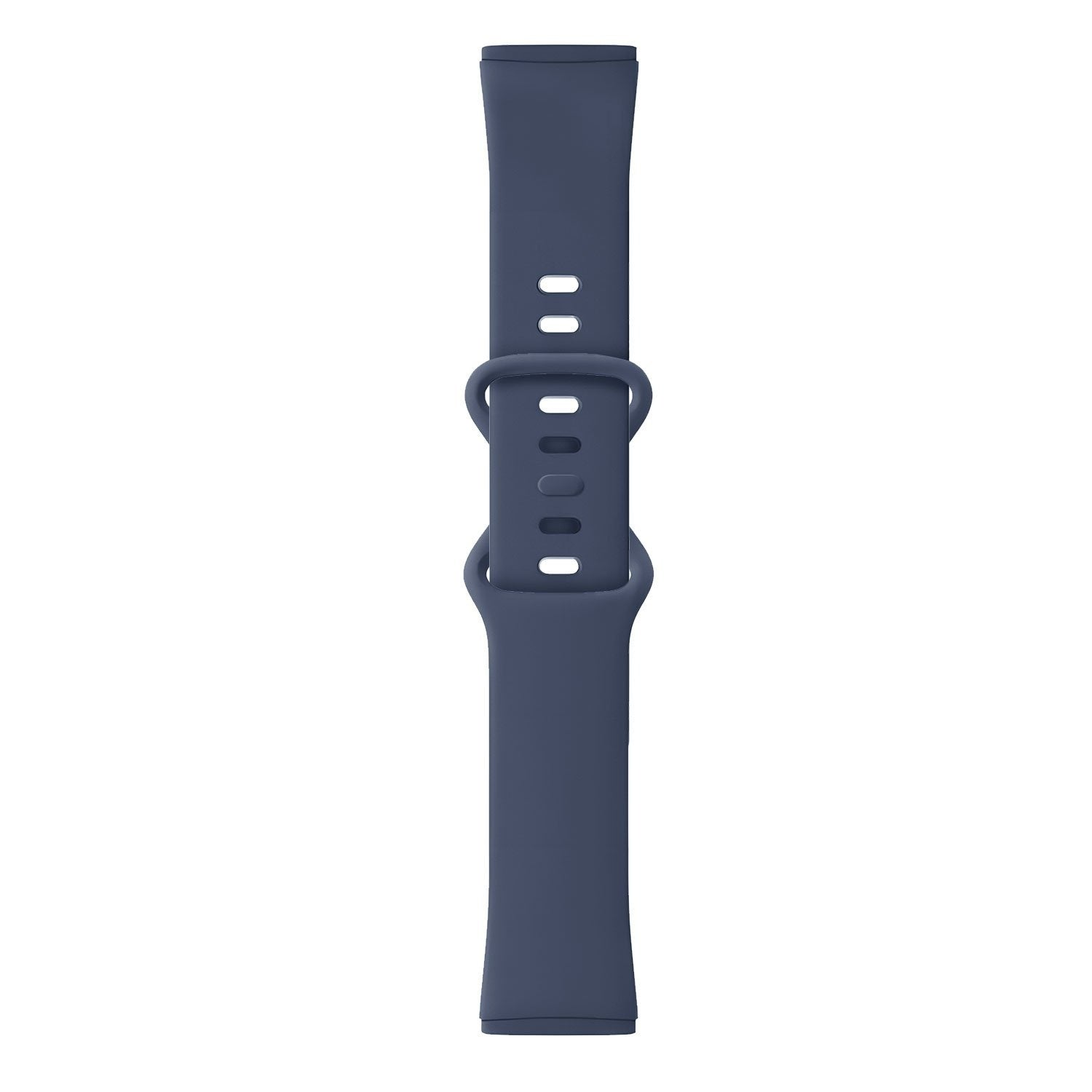 Ein marineblaues Uhrenarmband liegt vertikal vor weißem Hintergrund. Das Armband hat eine Schnalle mit Löchern und besteht aus flexiblem Material.